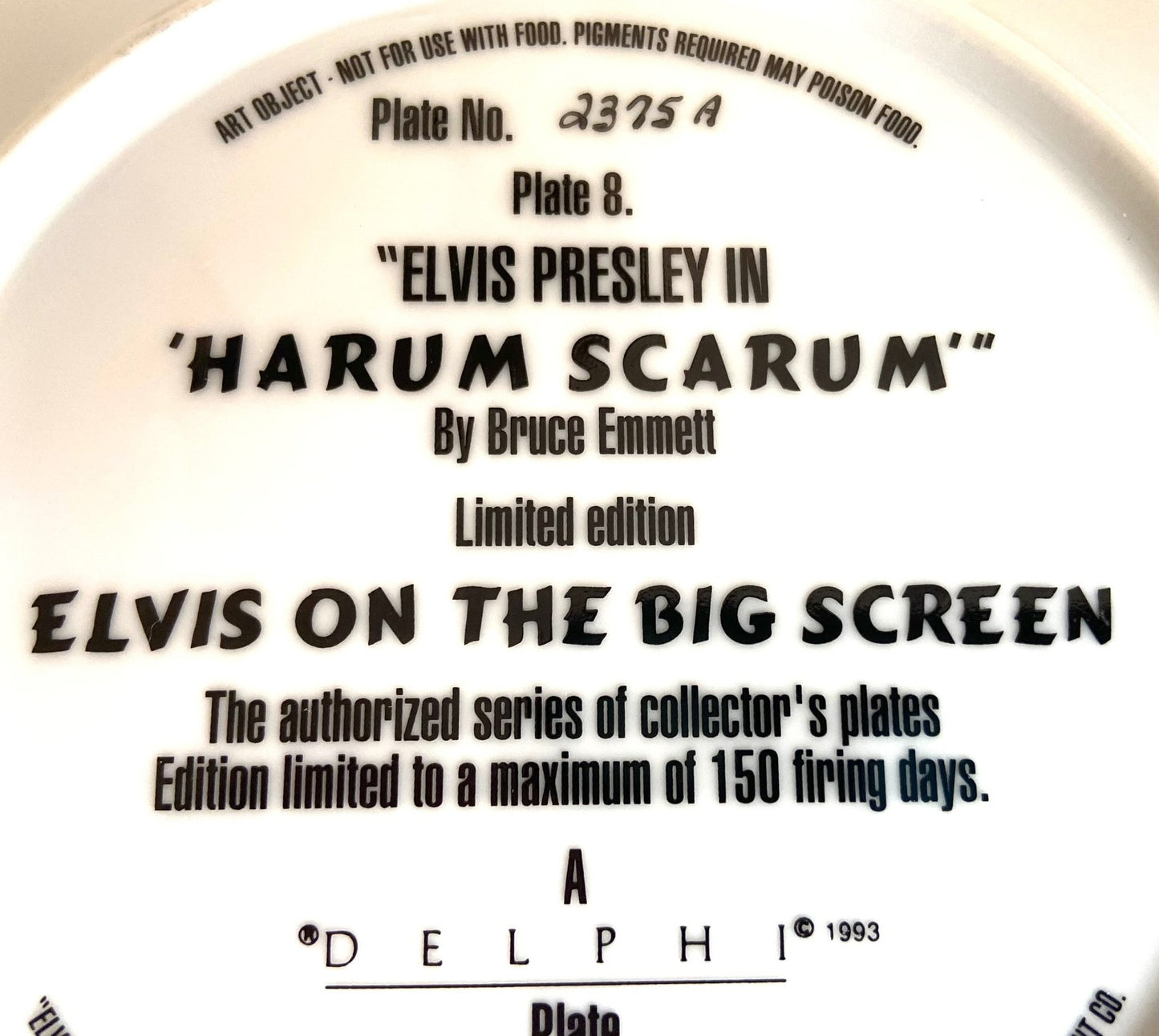 1993 Elvis Presley Ltd. Ed. Used "Harum Scarum" Collector's Plate