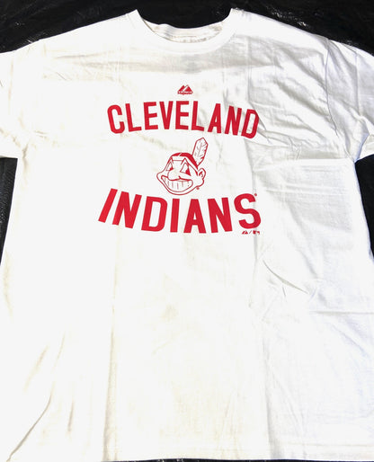 Cleveland Indians MLB White Logo T-Shirt Adult L 100% Cotton by Majestic