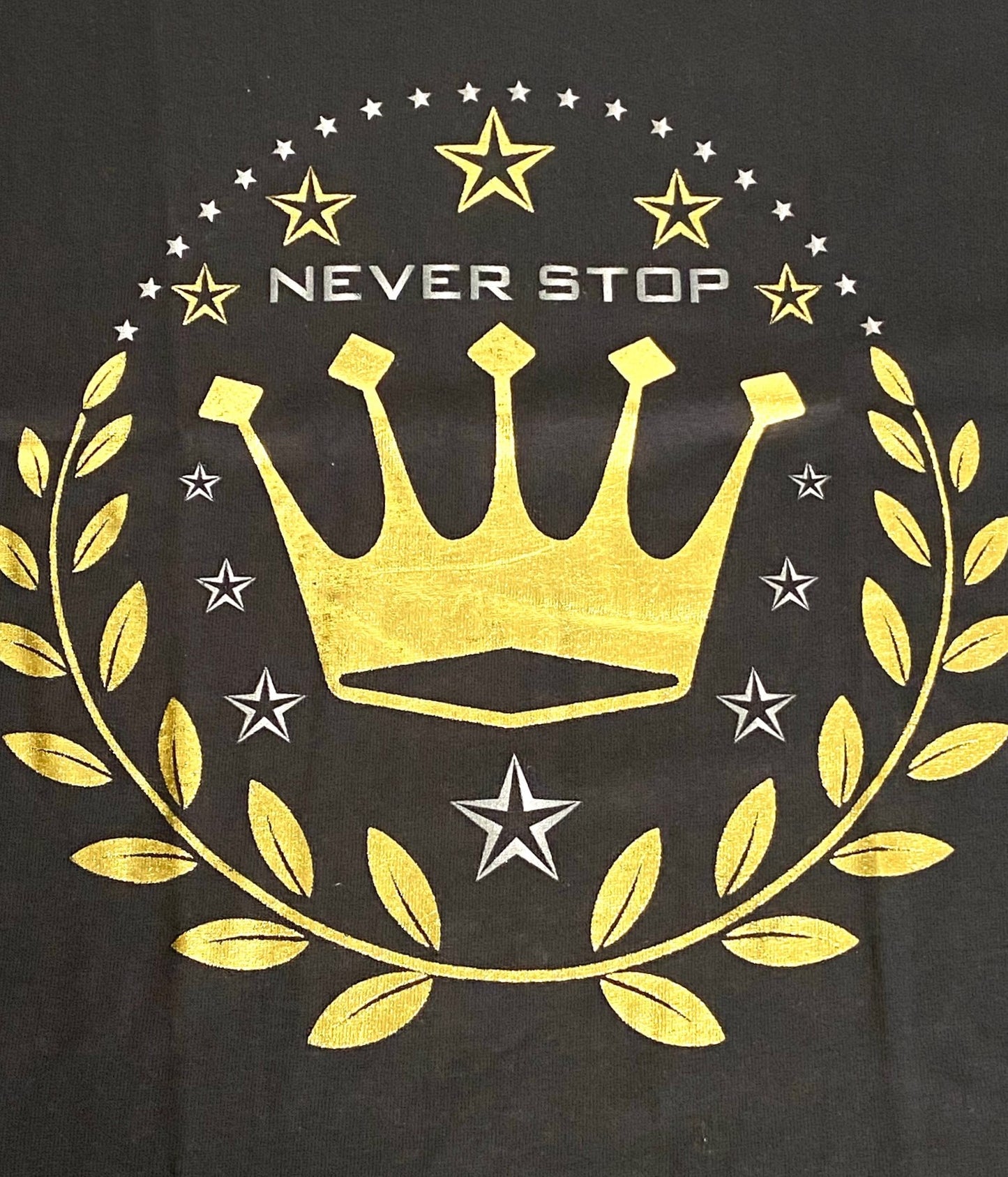 "Never Stop" Inspirational Crown Black Cotton T-Shirt by Shirts Happen