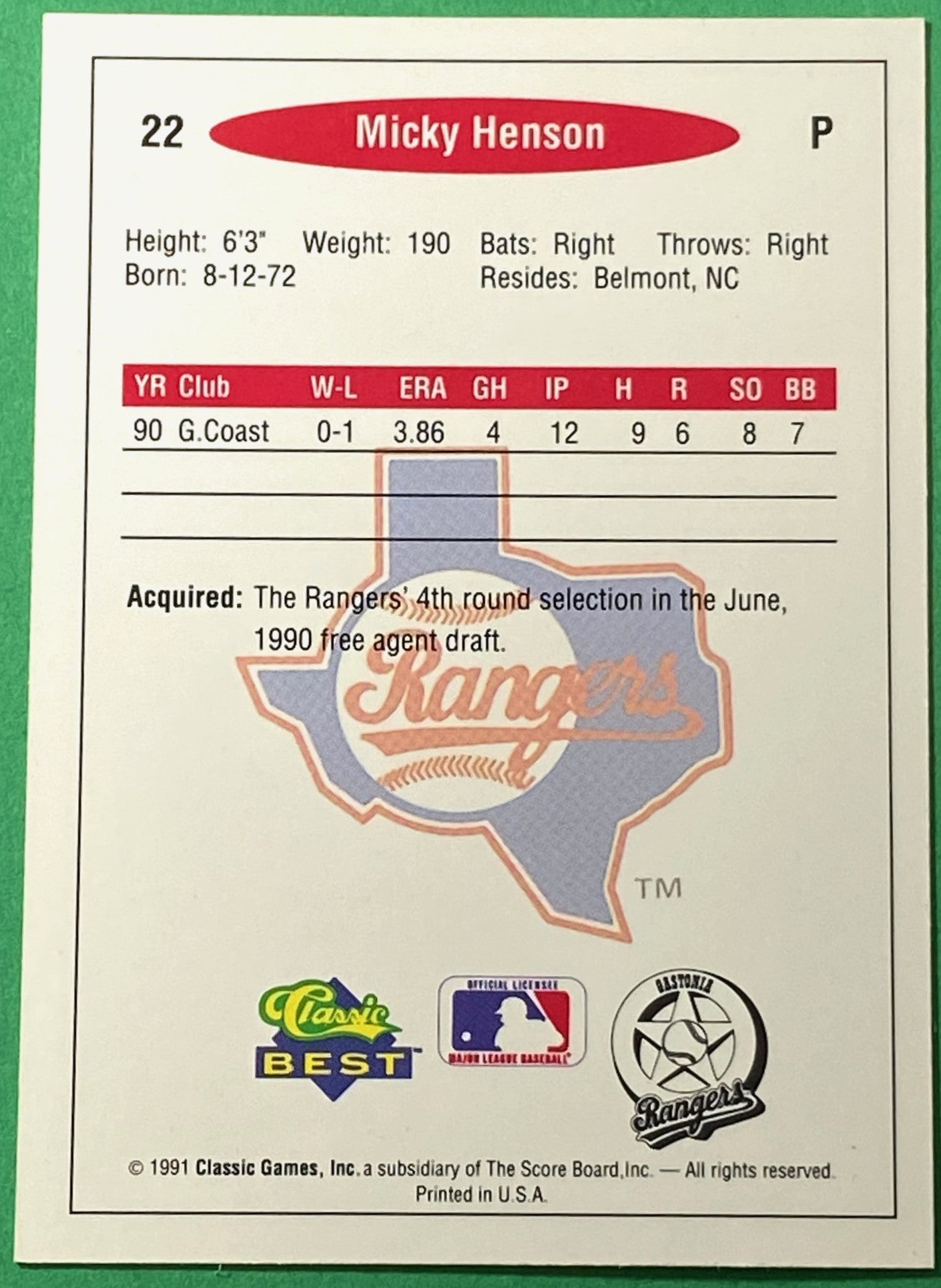 Micky Henson Vintage 1991 MiLB Classic Best #22 Gastonia Rangers by Classic Games