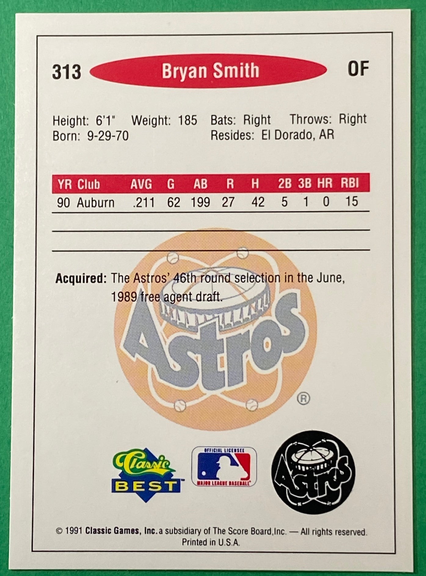 Bryan Smith Vintage MiLB Classic Best #313 Burlington Astros by Classic Games