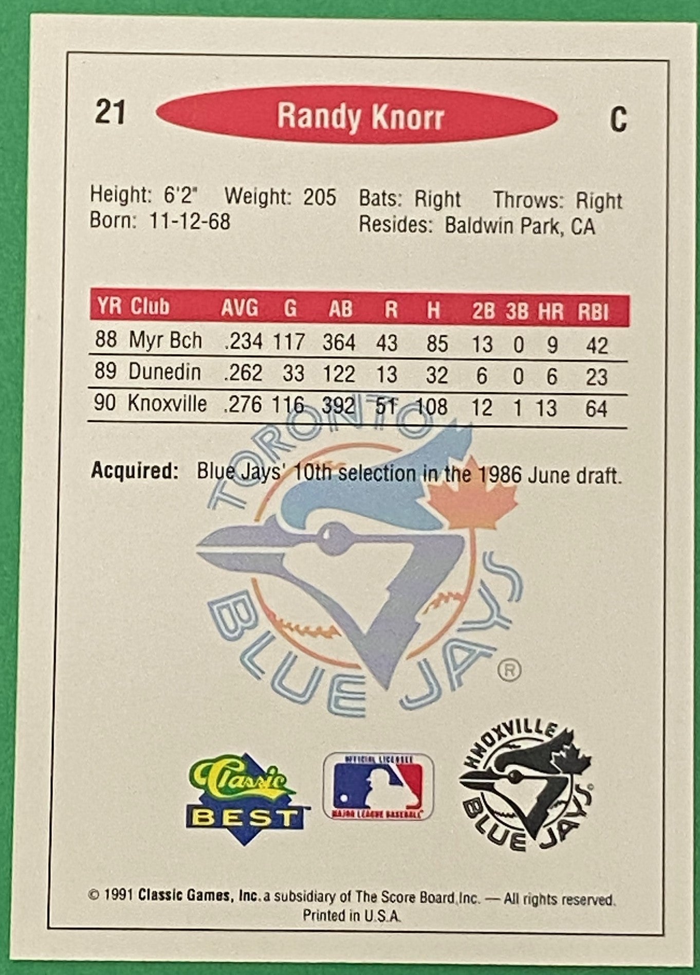 Randy Knorr Vintage 1991 MiLB Classic Best #21 Knoxville Blue Jays by Classic Games