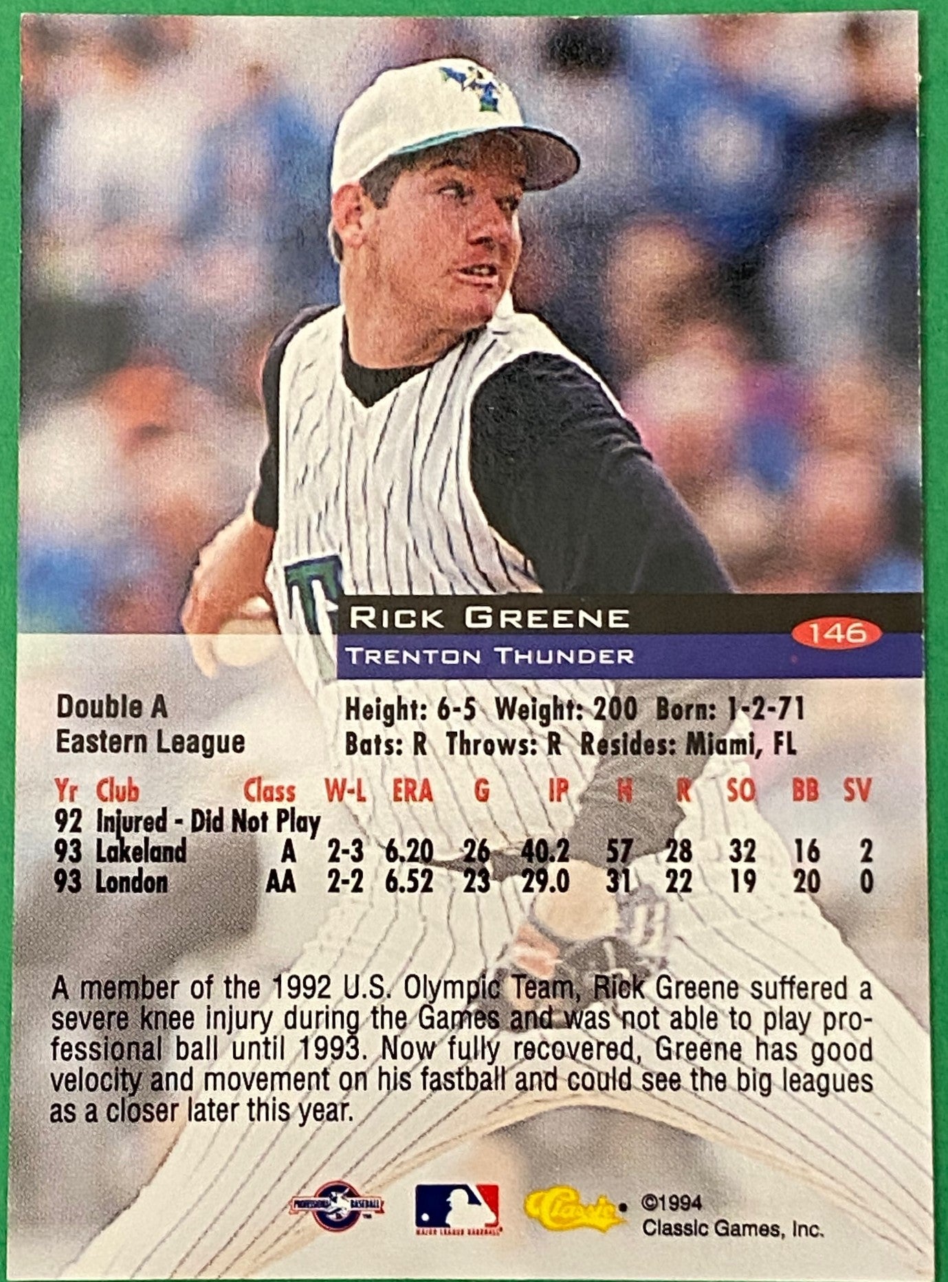 Rick Greene Vintage 1994 MiLB Classic Base Set #146 Trenton Thunder by Classic Games