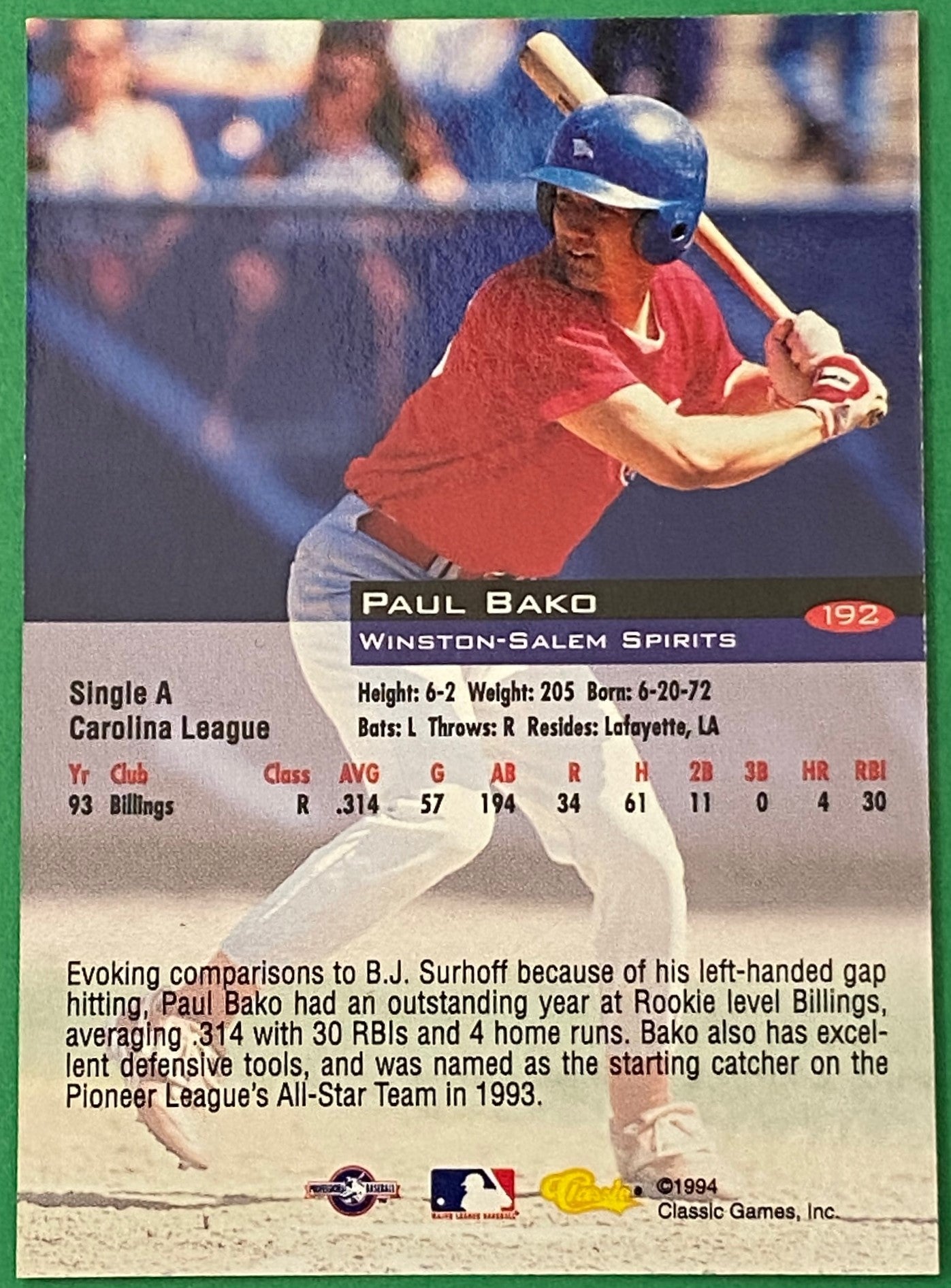 Paul Bako Vintage 1994 MiLB Classic Base Set #192 Winston-Salem Spirits by Classic Games