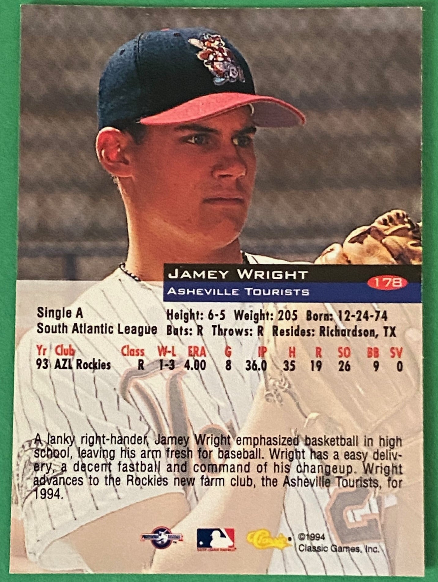 Jamey Wright Vintage 1994 MiLB Classic Base Set #178 Asheville Tourists by Classic Games