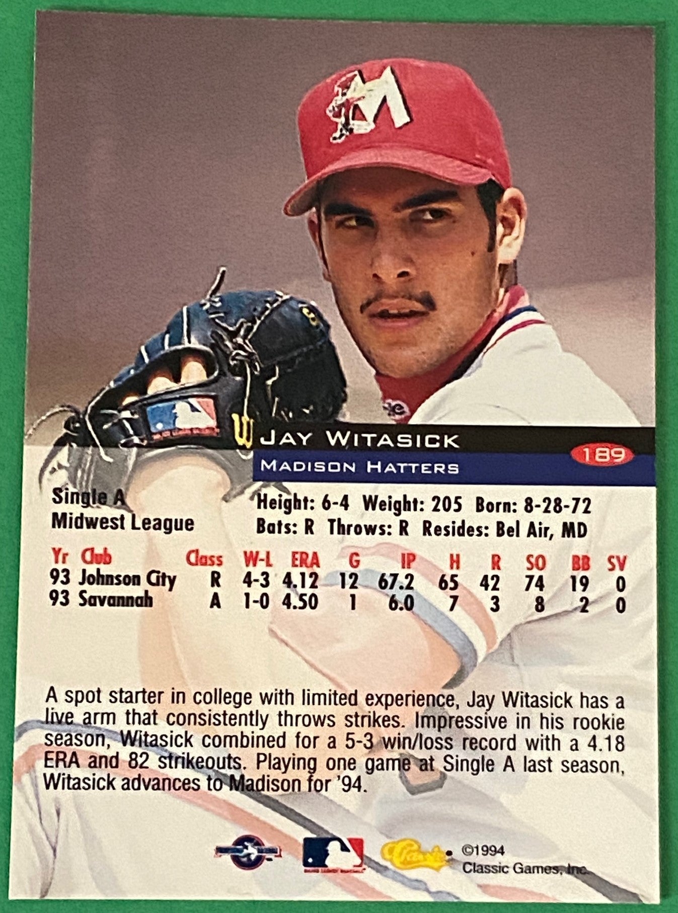 Jay Witasick Vintage 1994 MiLB Classic Base Set #189 Madison Hatters by Classic Games