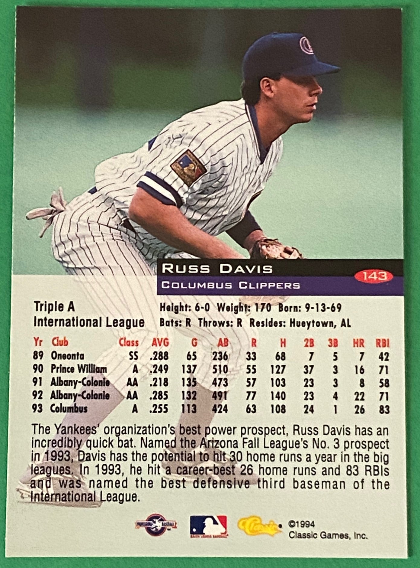 Russ Davis Vintage 1994 MiLB Classic Base Set #143 Columbus Clippers by Classic Games