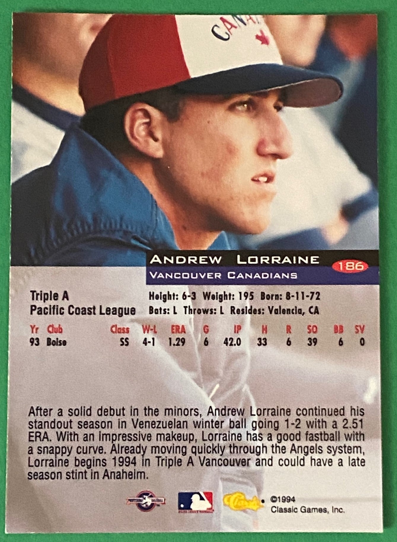 Andrew Lorraine Vintage 1994 MiLB Classic Base Set #186 Vancouver Canadians by Classic Games