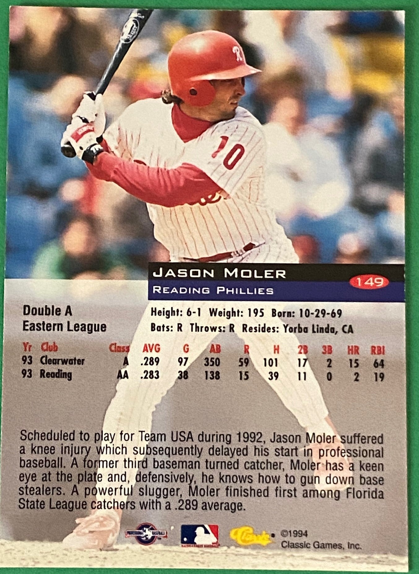 Jason Moler Vintage 1994 MiLB Classic Base Set #149 Reading Phillies by Classic Games