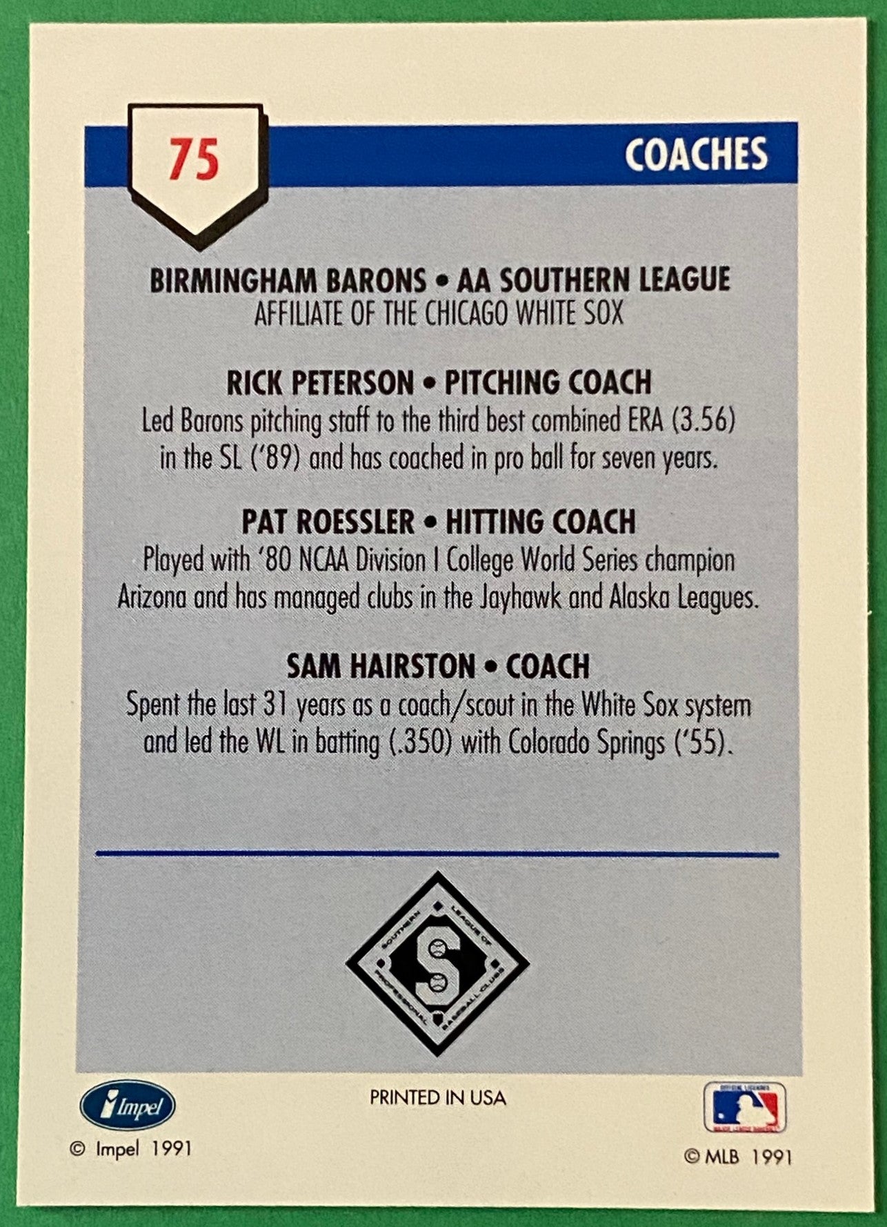 Barons Coaches 1991 MiLB Pre-Rookie Card #75 Birmingham Barons by Line Drive