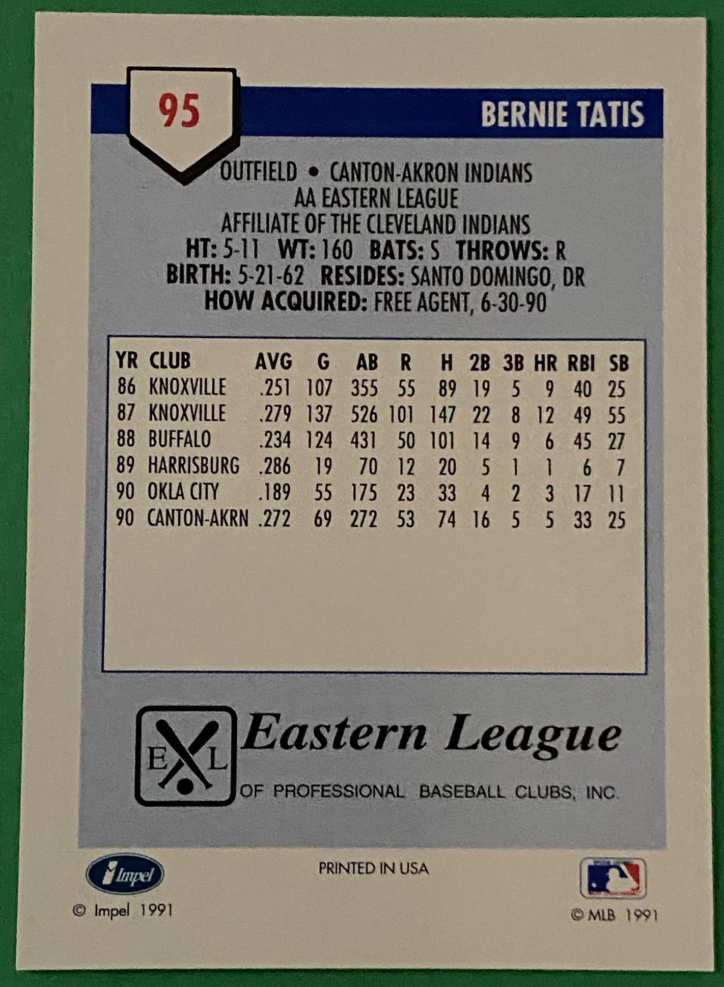 Bernie Tatis 1991 MiLB Pre-Rookie Card #95 Canton-Akron Indians by Line Drive