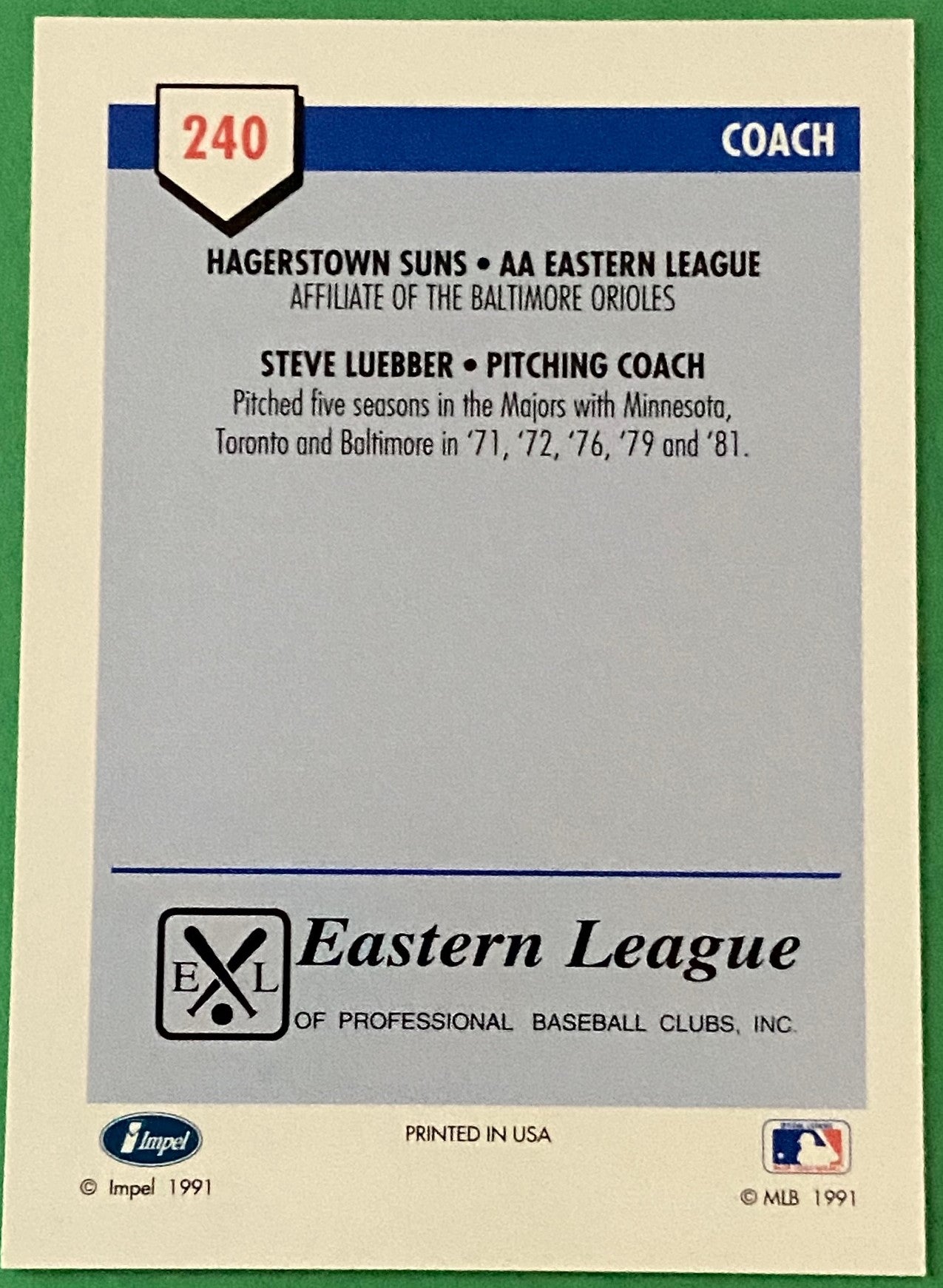 Steve Luebber (Coach) 1991 MiLB Pre-Rookie Card #240 Hagerstown Suns by Line Drive