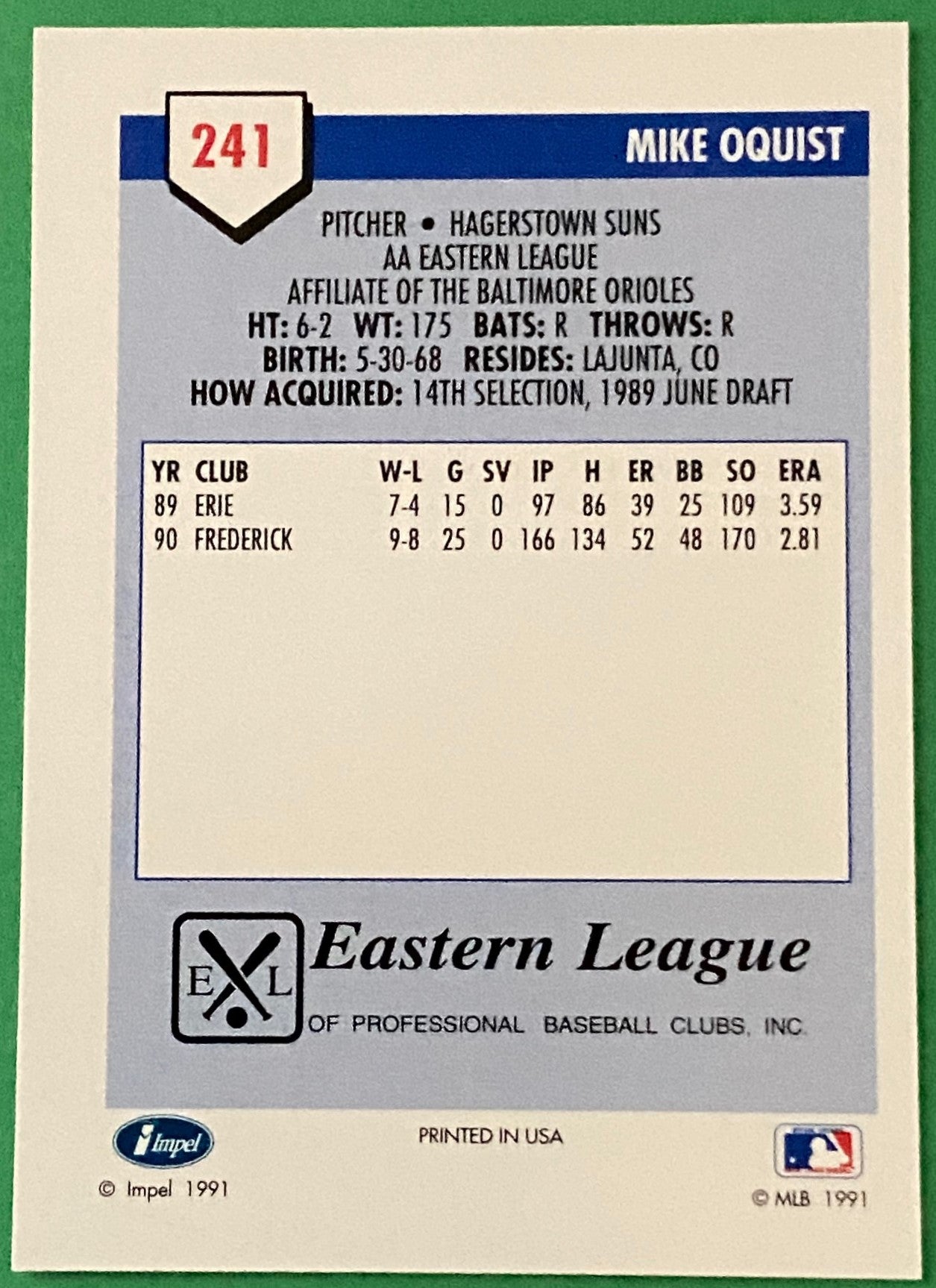 Mike Oquist 1991 MiLB Pre-Rookie Card #241 Hagerstown Suns by Line Drive