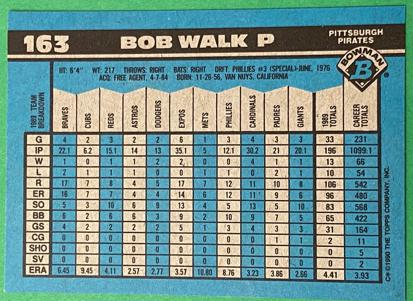 Bob Walk 1990 MLB #163 Pittsburgh Pirates by Bowman (Topps)