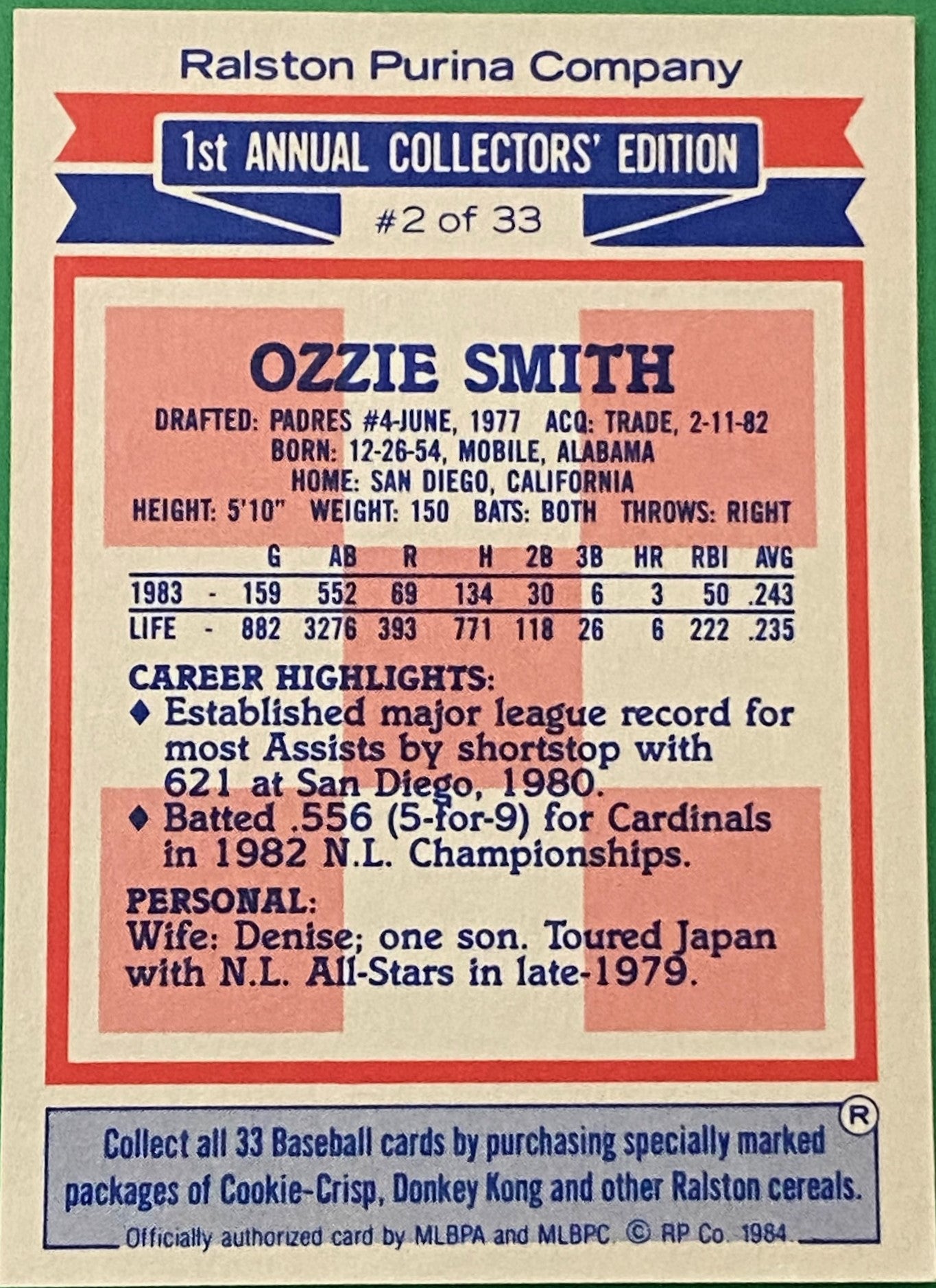 Ozzie Smith 1984 MLB #2 St. Louis Cardinals by Ralston Purina (Topps)