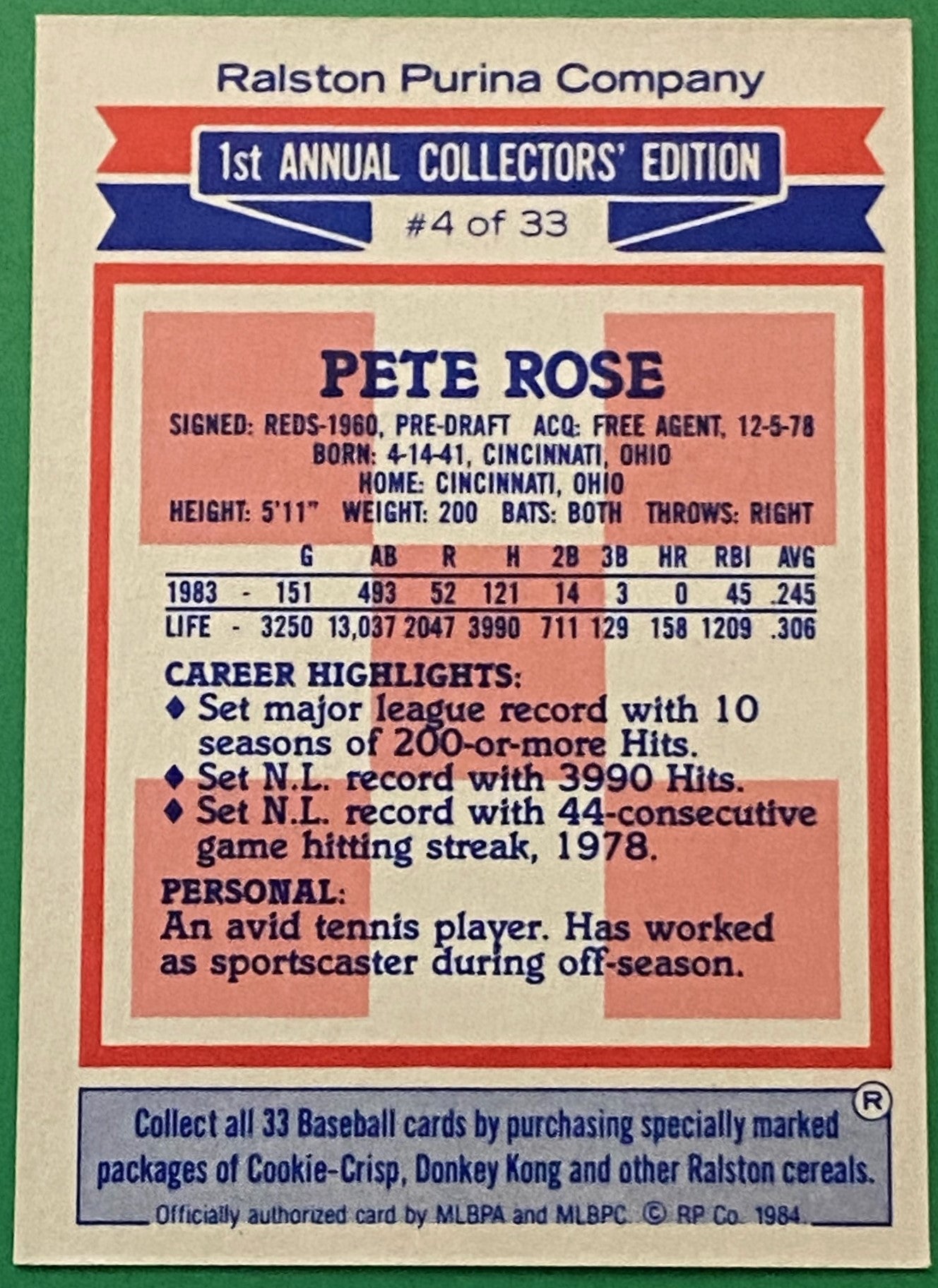 Pete Rose 1984 MLB #4 Philadelphia Phillies by Ralston Purina (Topps)