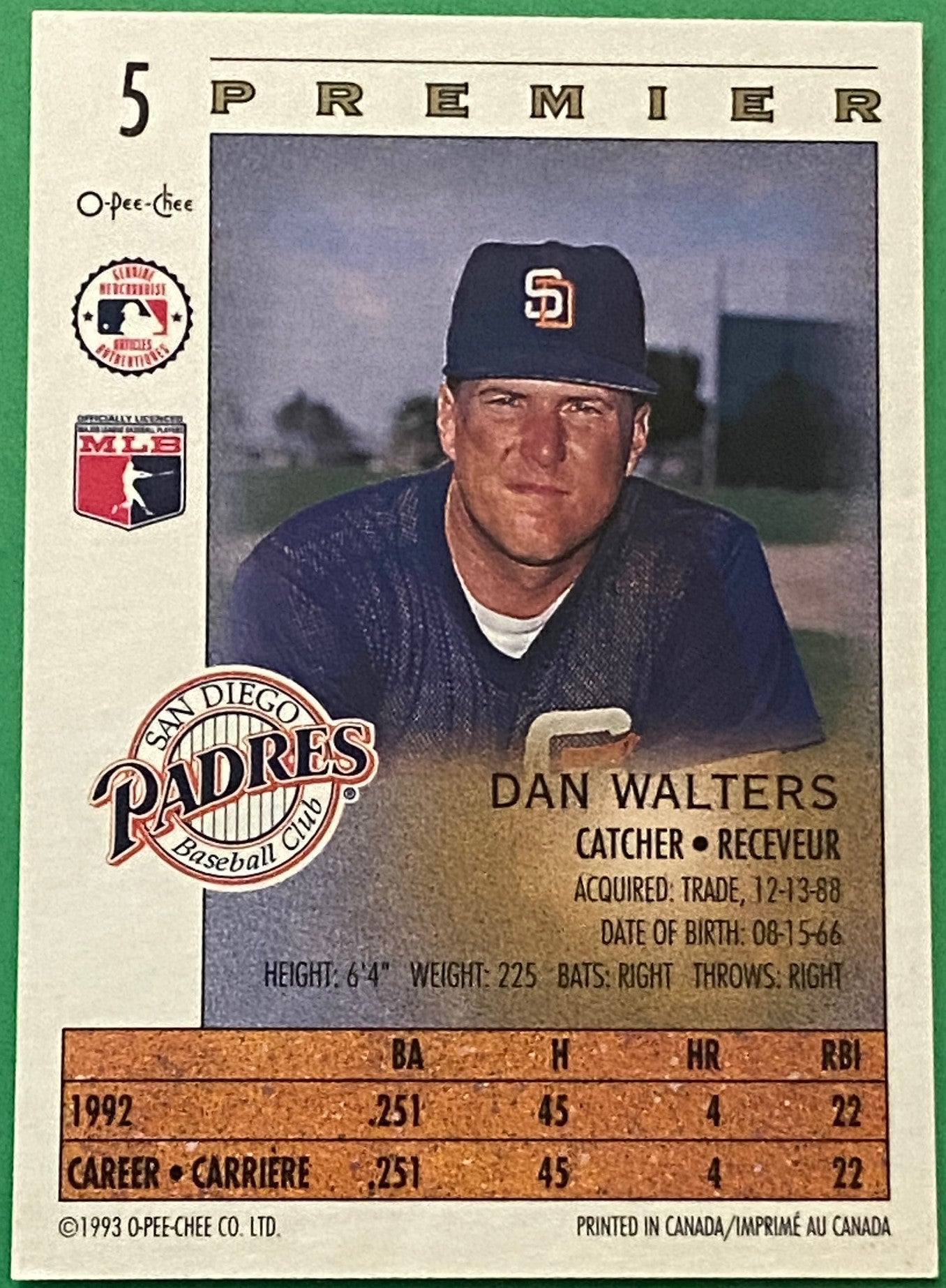 Dan Walters 1993 MLB #5 San Diego Padres by O-Pee-Chee Premier