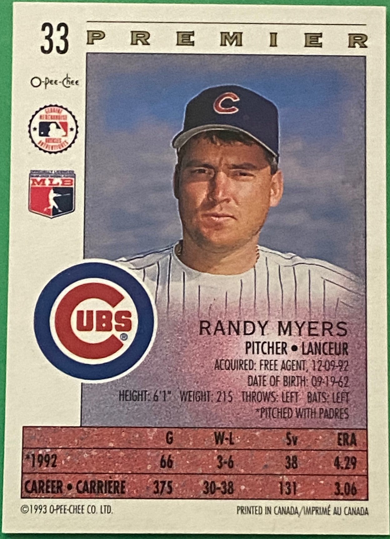 Randy Myers 1993 MLB #33 Chicago Cubs by O-Pee-Chee Premier