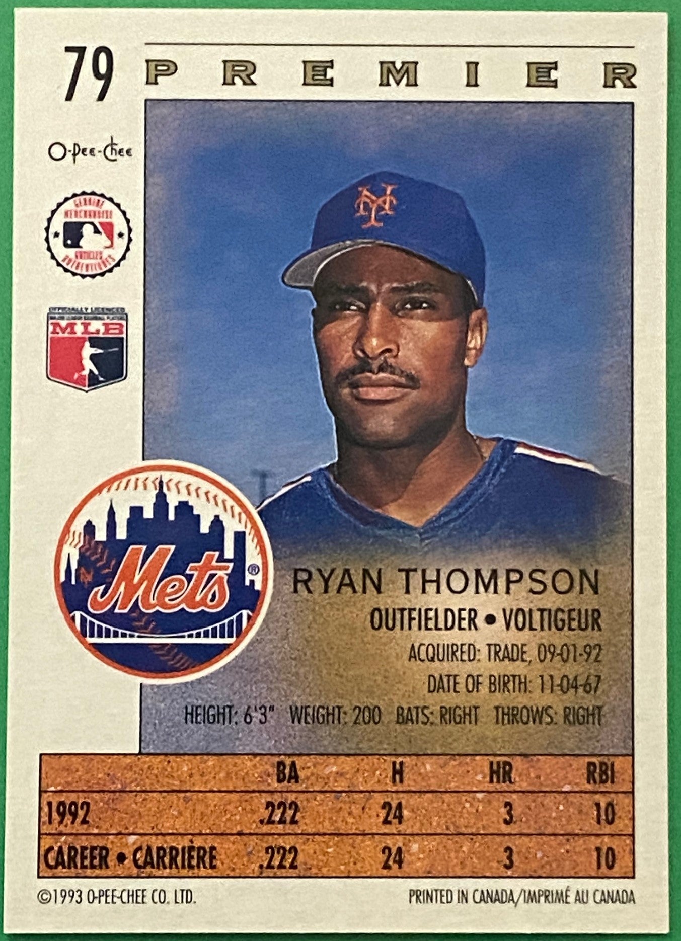 Ryan Thompson 1993 MLB #79 New York Mets by O-Pee-Chee Premier