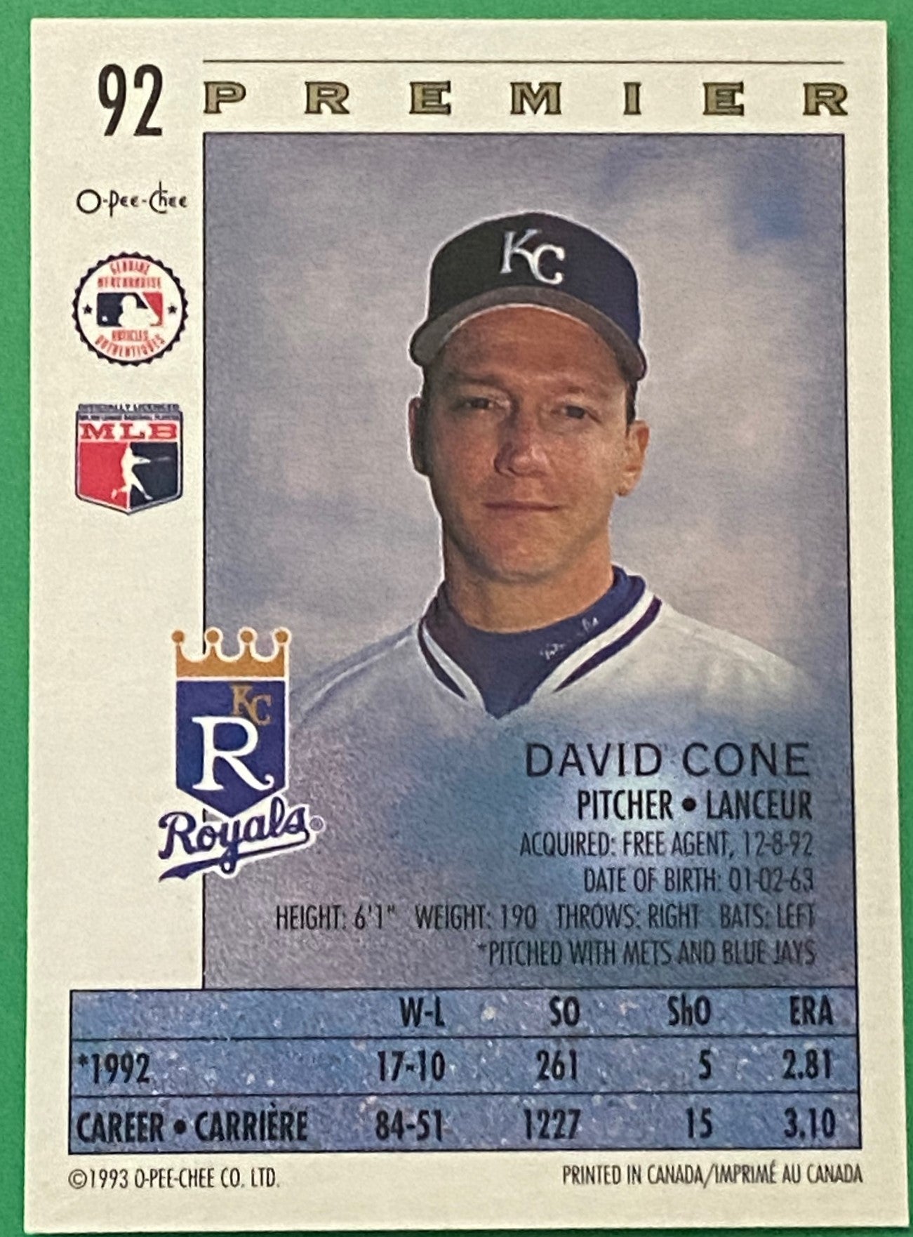 David Cone 1993 MLB #92 Kansas City Royals by O-Pee-Chee Premier