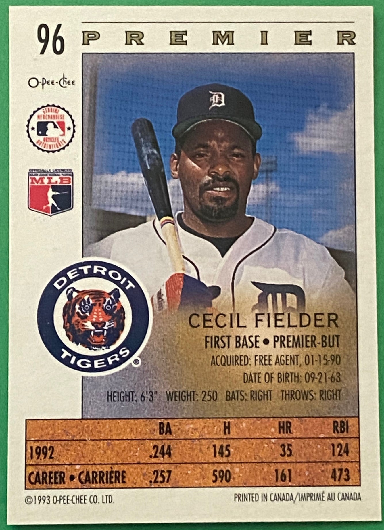 Cecil Fielder 1993 MLB #96 Detroit Tigers by O-Pee-Chee Premier