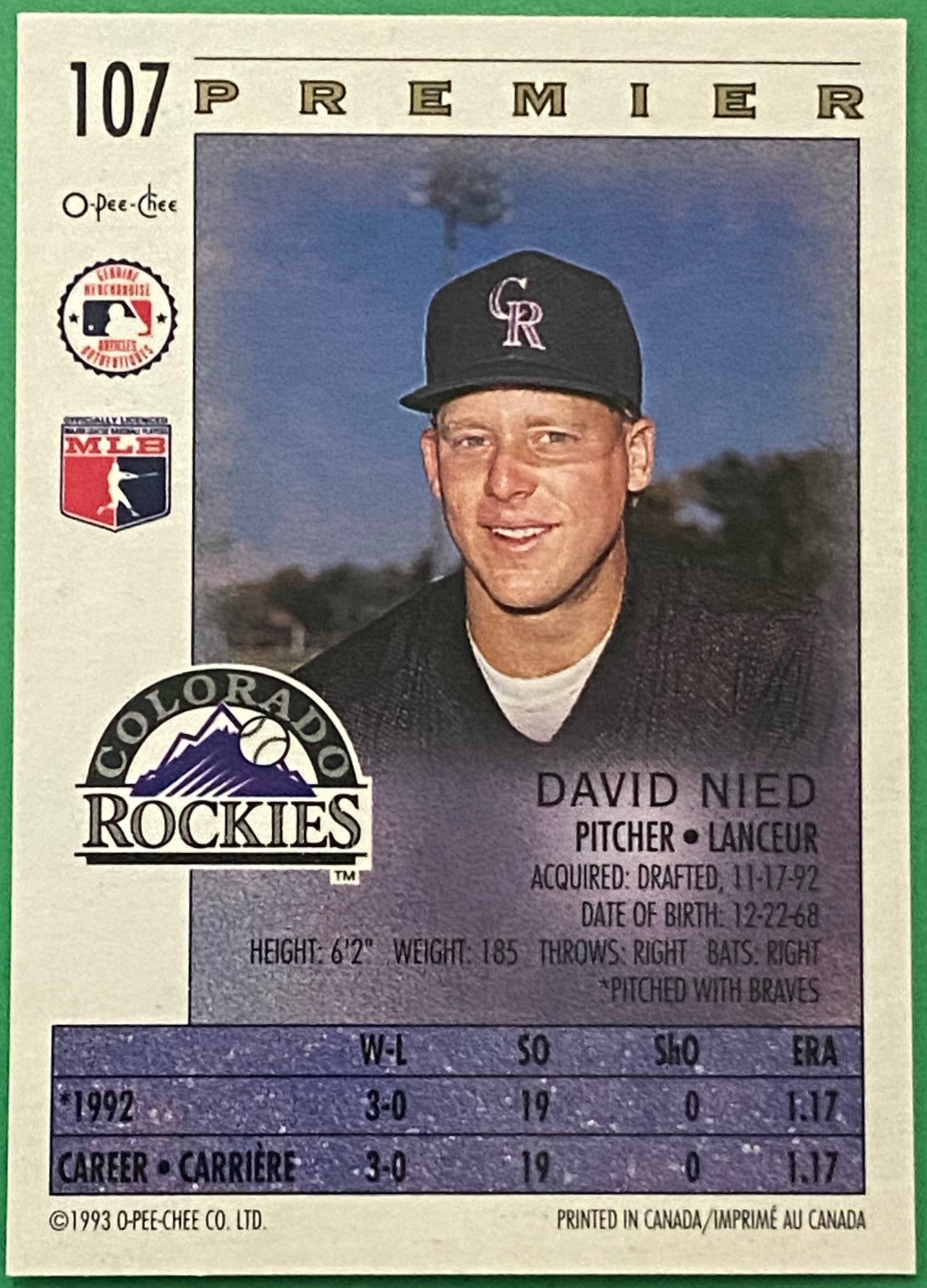 David Nied 1993 MLB #107 Colorado Rockies by O-Pee-Chee Premier