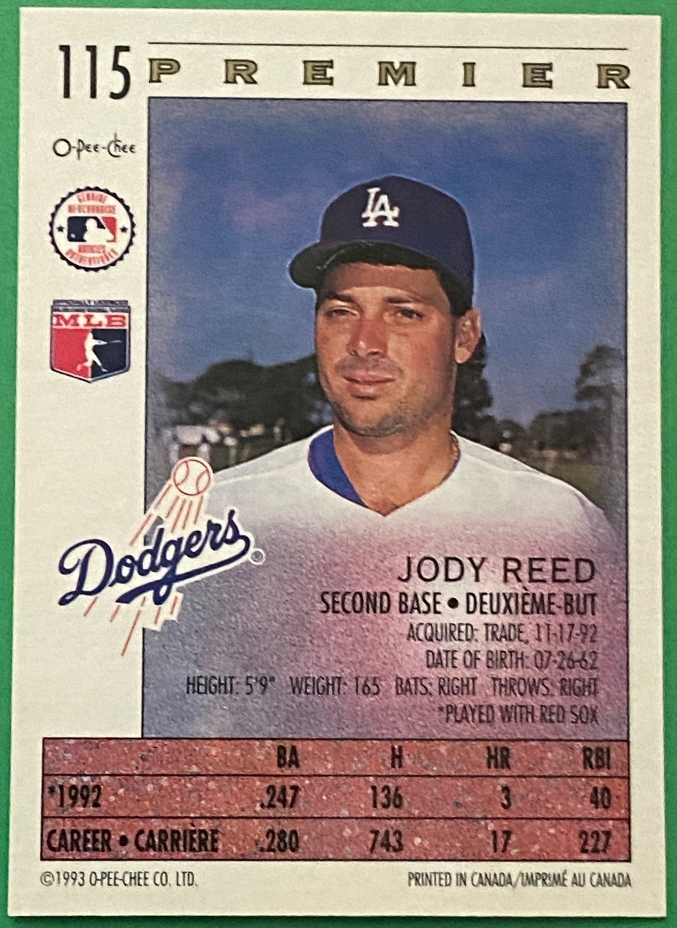 Jody Reed 1993 MLB #115 Los Angeles Dodgers by O-Pee-Chee Premier