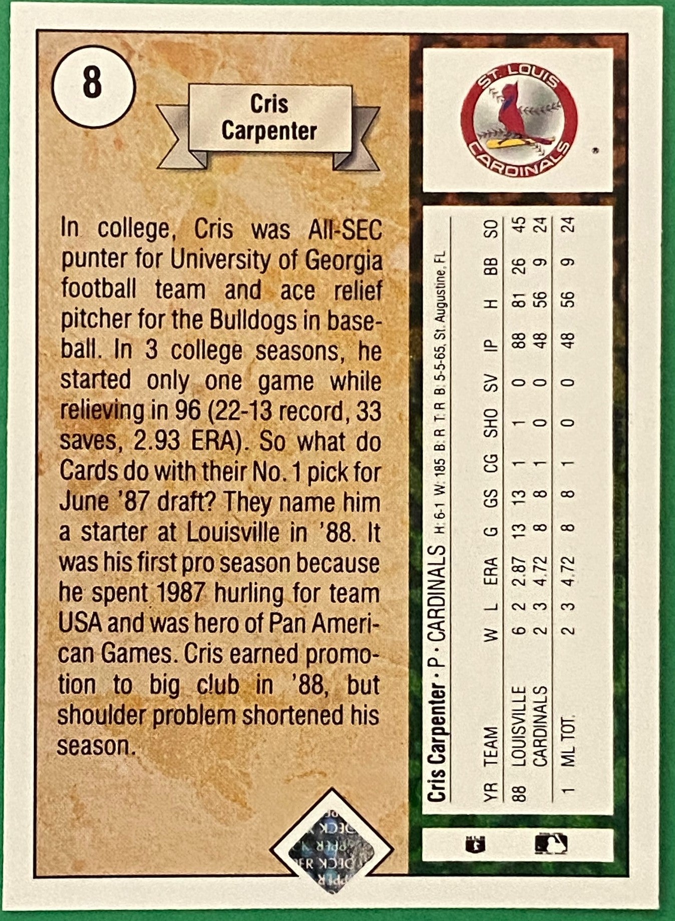 Cris Carpenter (RC) 1989 MLB #8 St. Louis Cardinals by Upper Deck