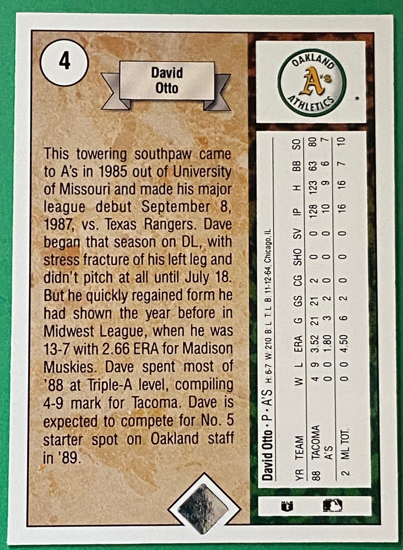 David Otto (RC) 1989 MLB #4 Oakland Athletics by Upper Deck