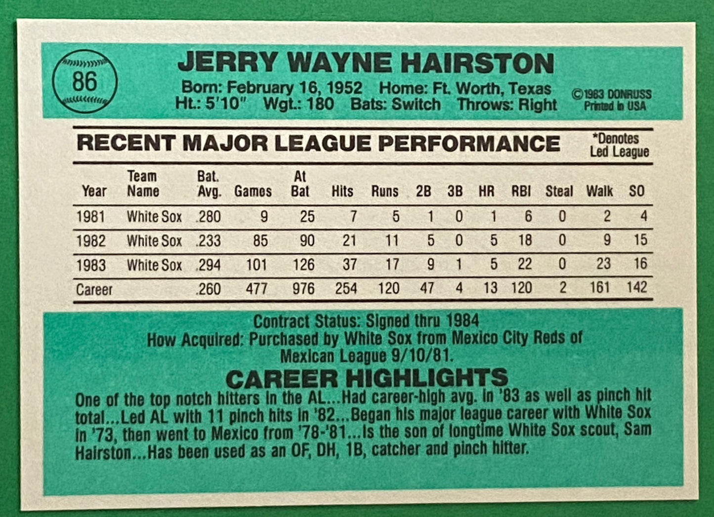 Jerry Hairston 1984 MLB #86 Chicago White Sox by Donruss