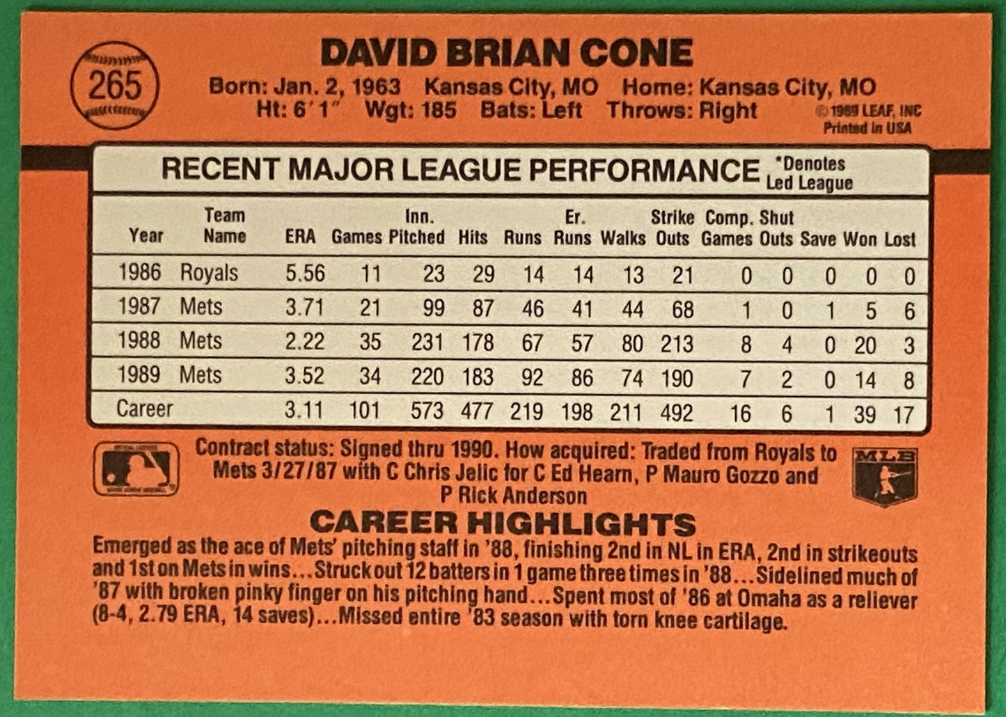 David Cone 1990 MLB #265 New York Mets by Donruss