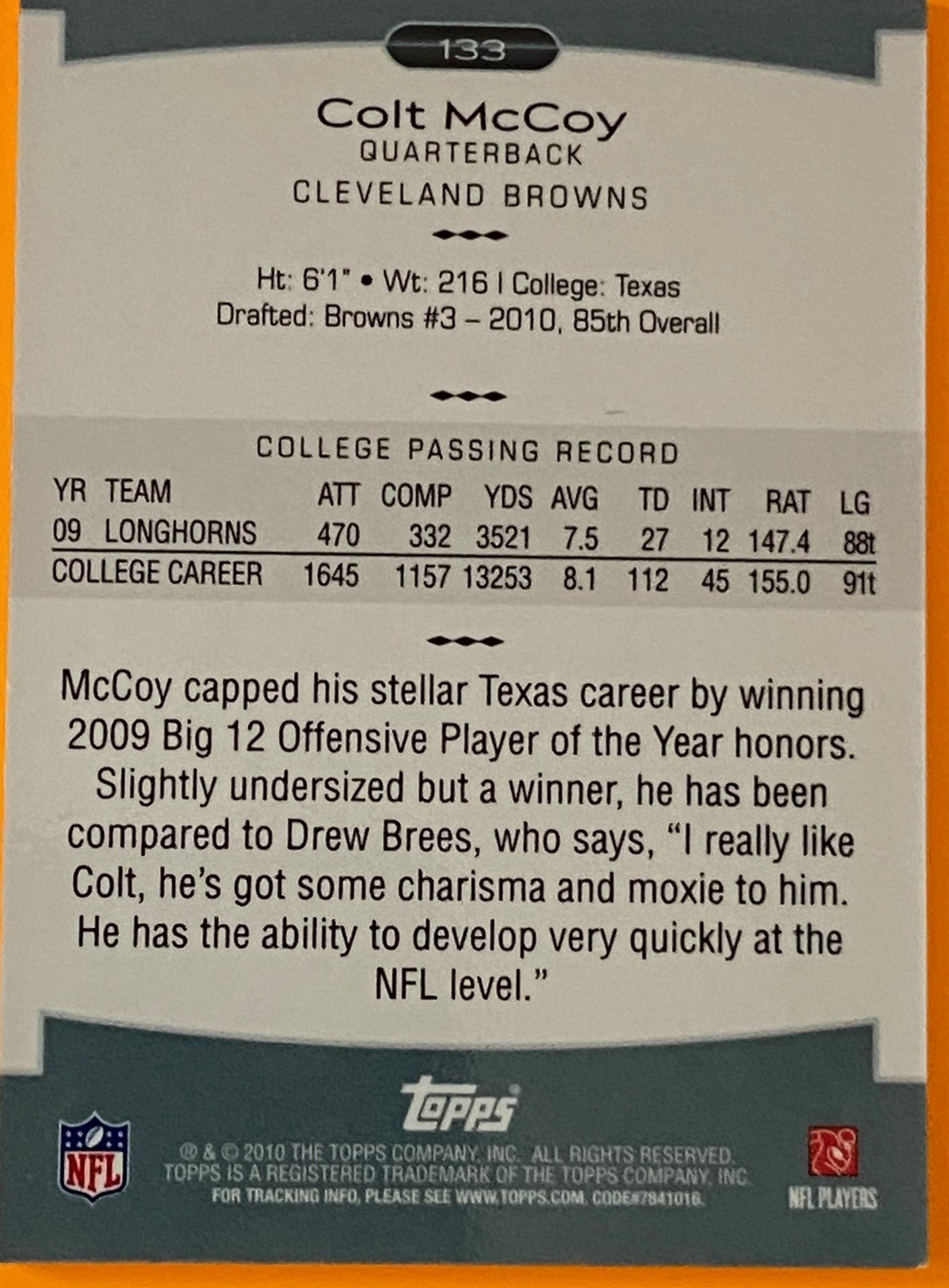 Colt McCoy (RC) 2010 NFL #133 Cleveland Browns Platinum Refractor by Topps