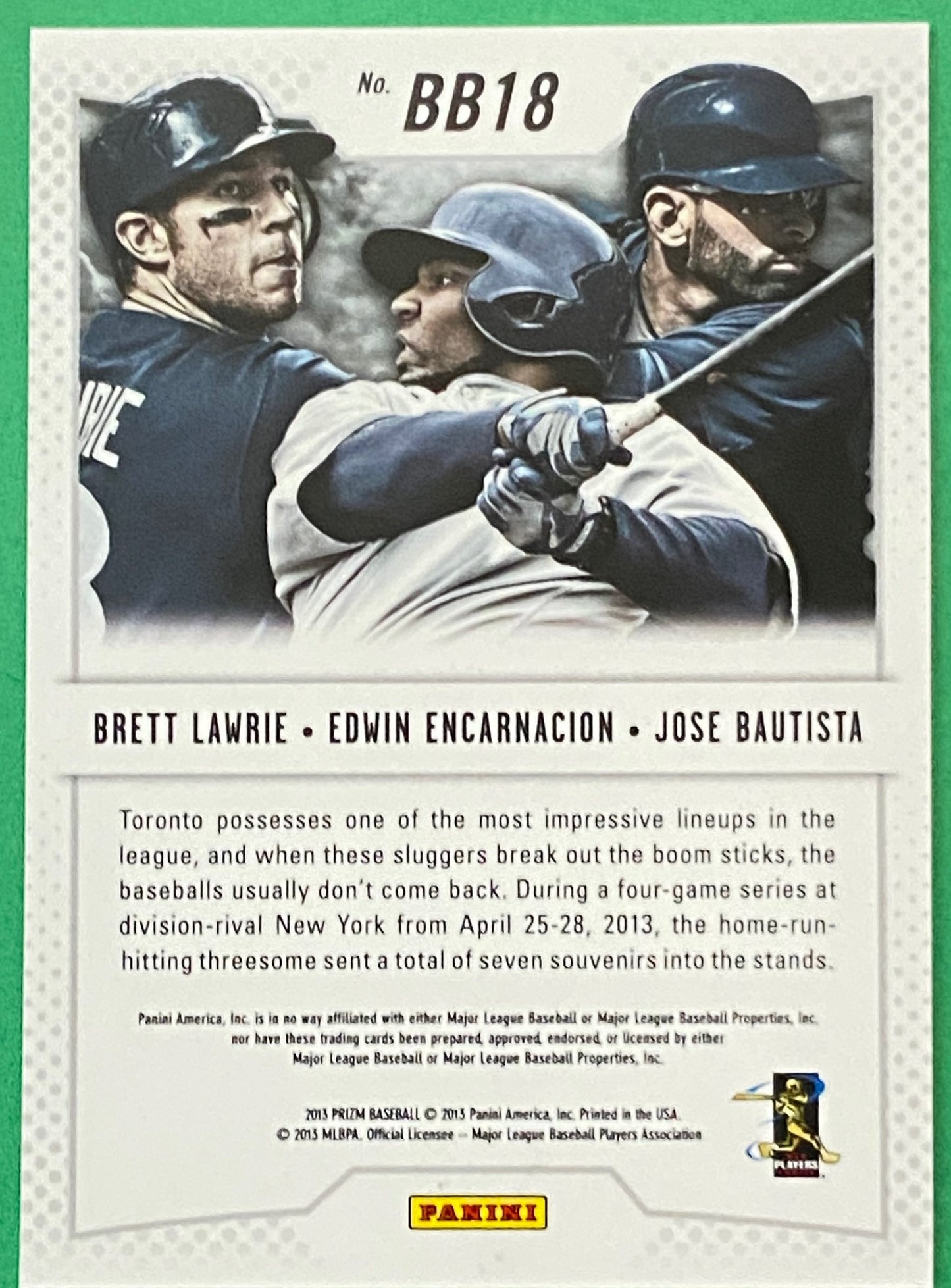 Edwin Encarnacion, Brett Lawrie, Jose Bautista 2013 MLBPA #BB18 Band of Brothers Prizms by Panini