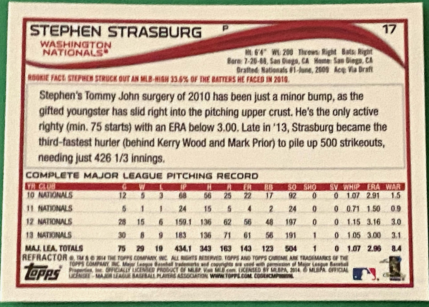 Stephen Strasburg 2014 MLB Topps Chrome Refractor #17 Washington Nationals by Topps