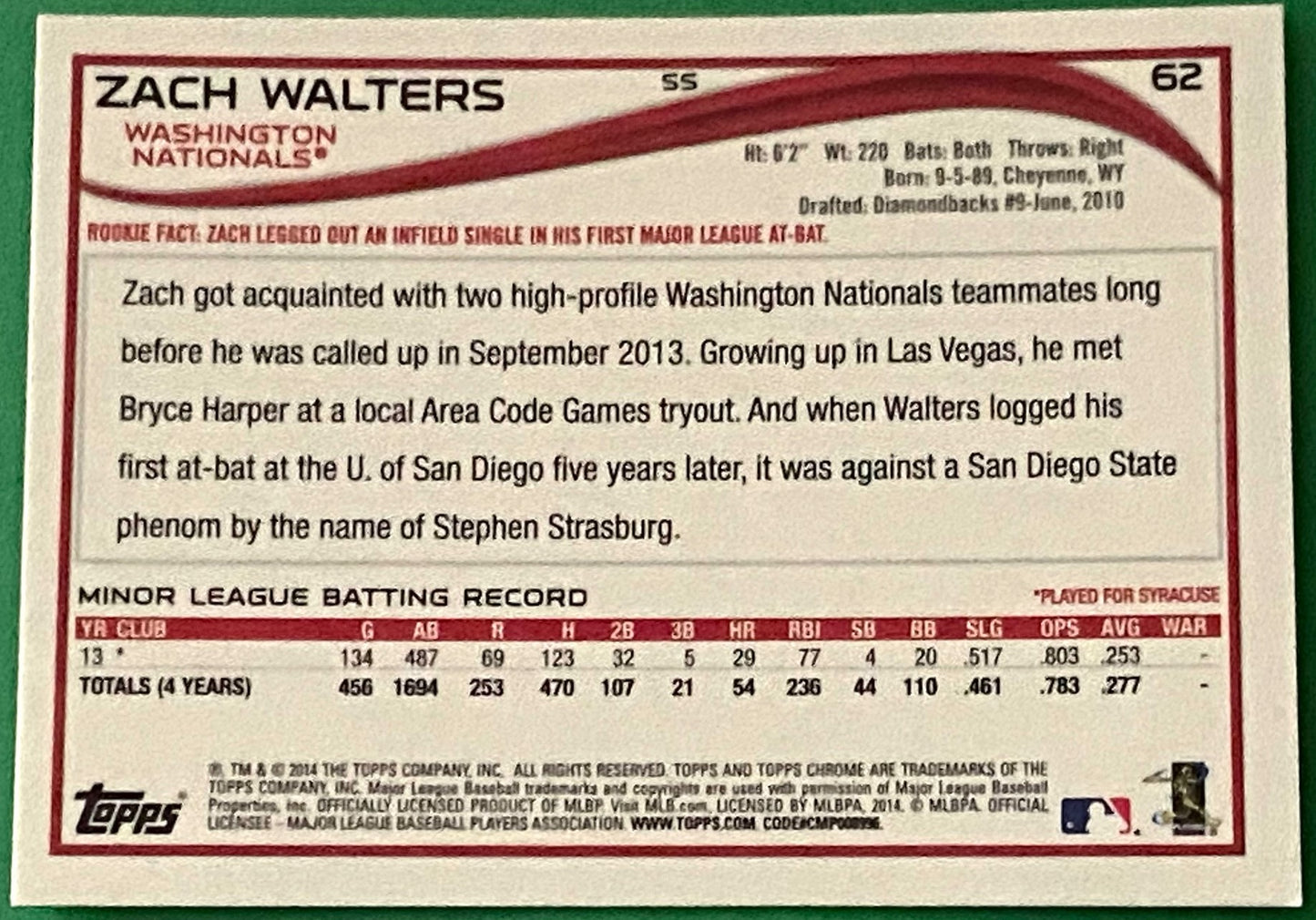 Zach Walters (RC) 2014 MLB Topps Chrome #62 Washington Nationals by Topps