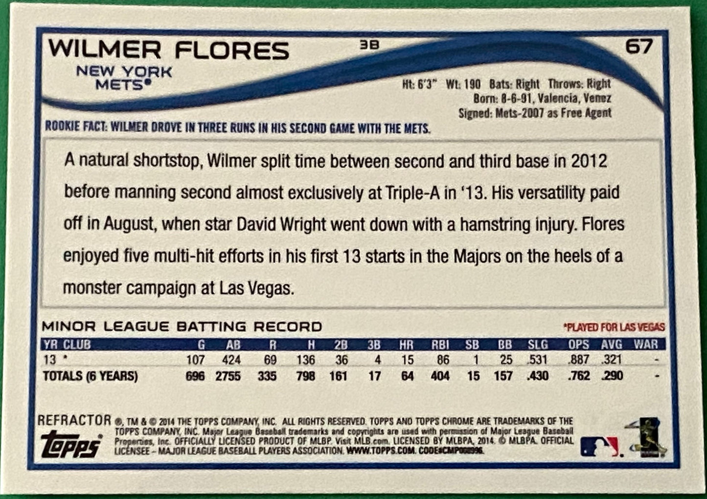 Wilmer Flores (RC) 2014 MLB Topps Chrome Refractor #67 New York Mets by Topps