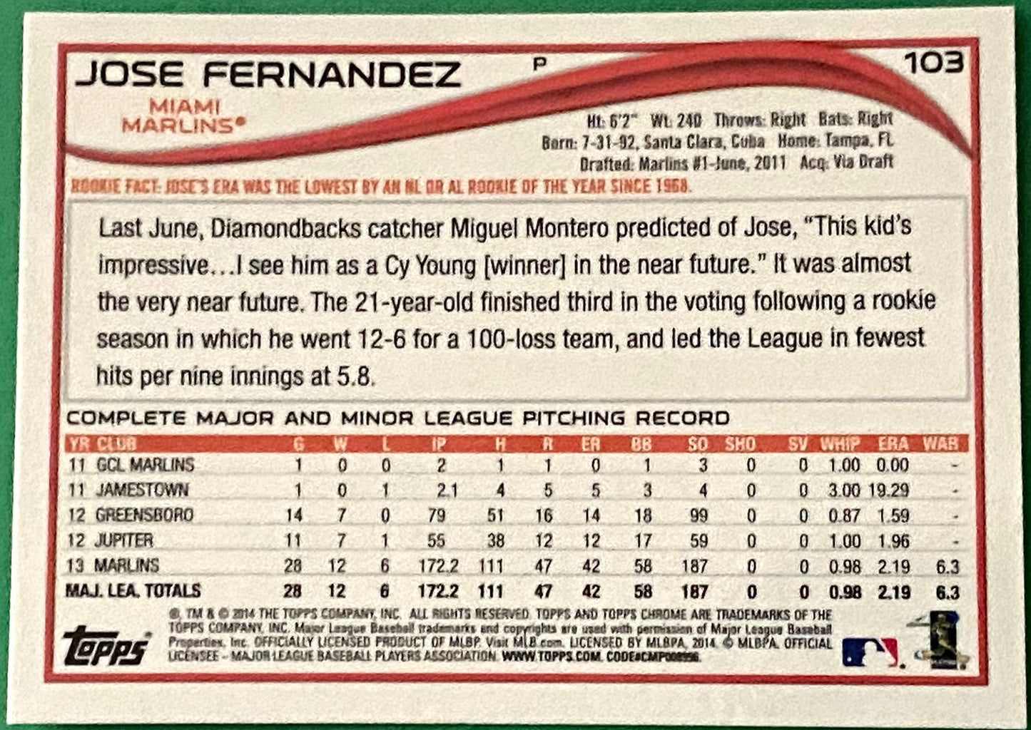 Jose Fernandez (ASR) 2014 MLB Topps Chrome #103A Miami Marlins by Topps