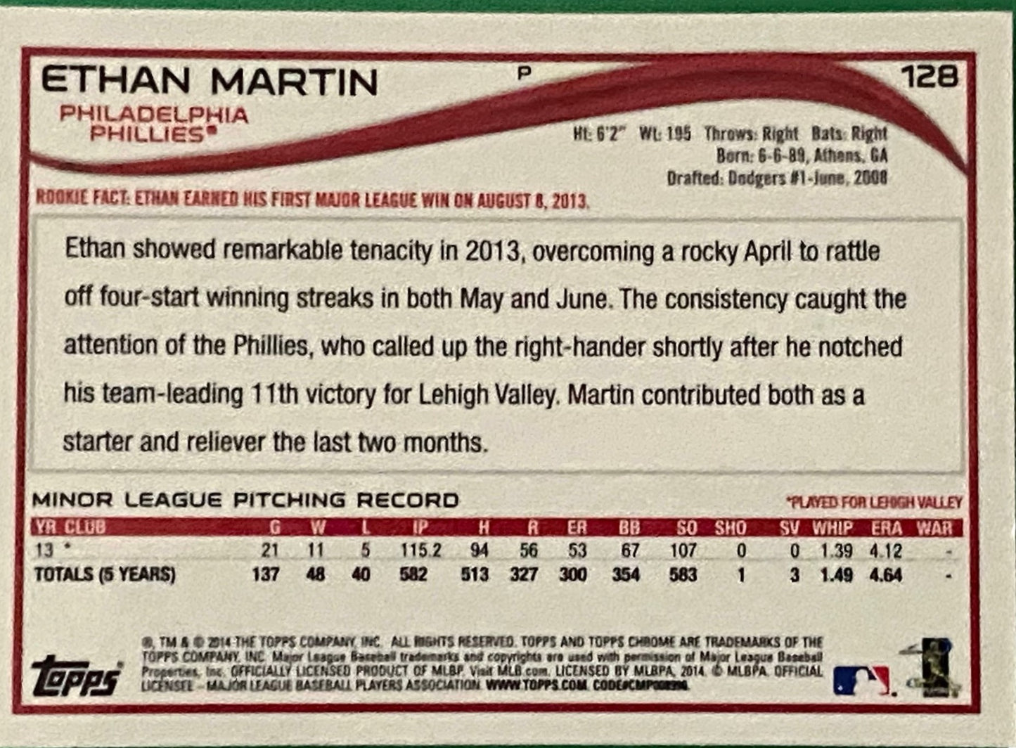 Ethan Martin (RC) 2014 MLB Topps Chrome #128 Philadelphia Phillies by Topps