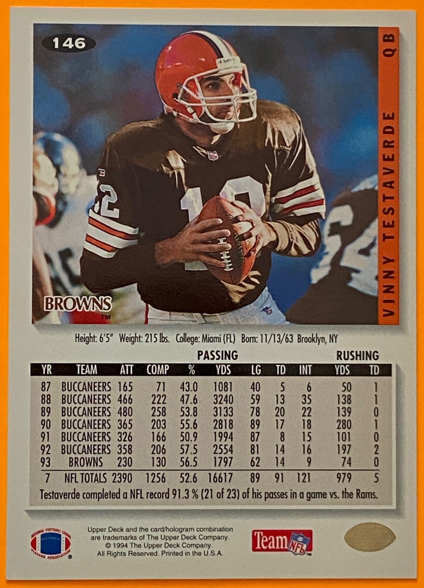 Vinny Testaverde 1994 NFL Collectors Choice #146 Cleveland Browns by Upper Deck