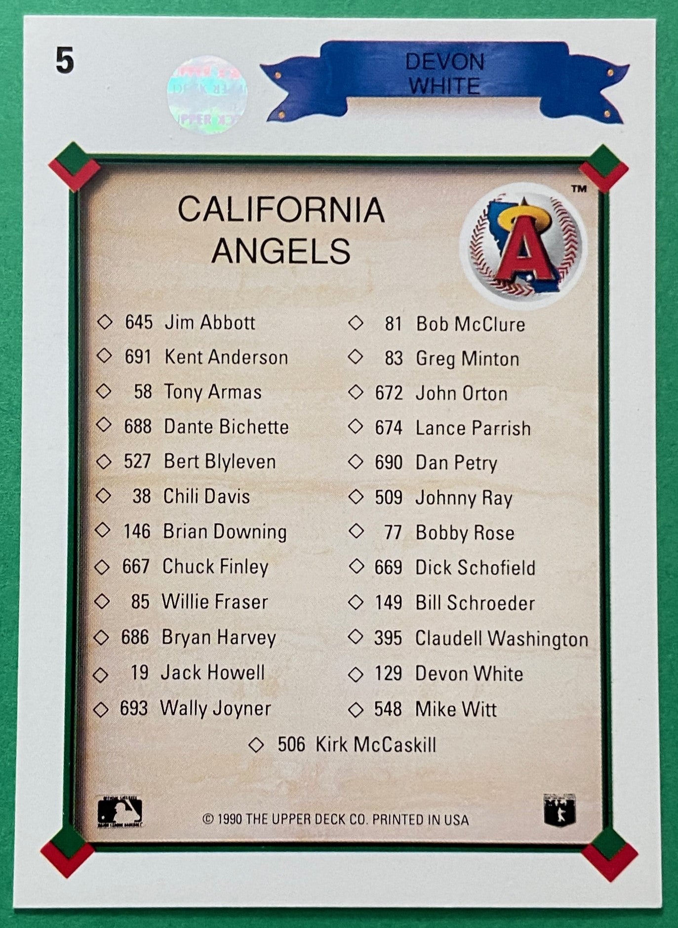 Devon White (CL) 1990 MLB #5 California Angels by Upper Deck