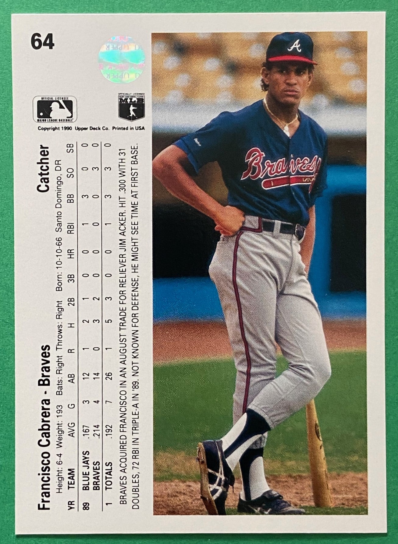 Francisco Cabrera 1990 MLB #64 Atlanta Braves by Upper Deck