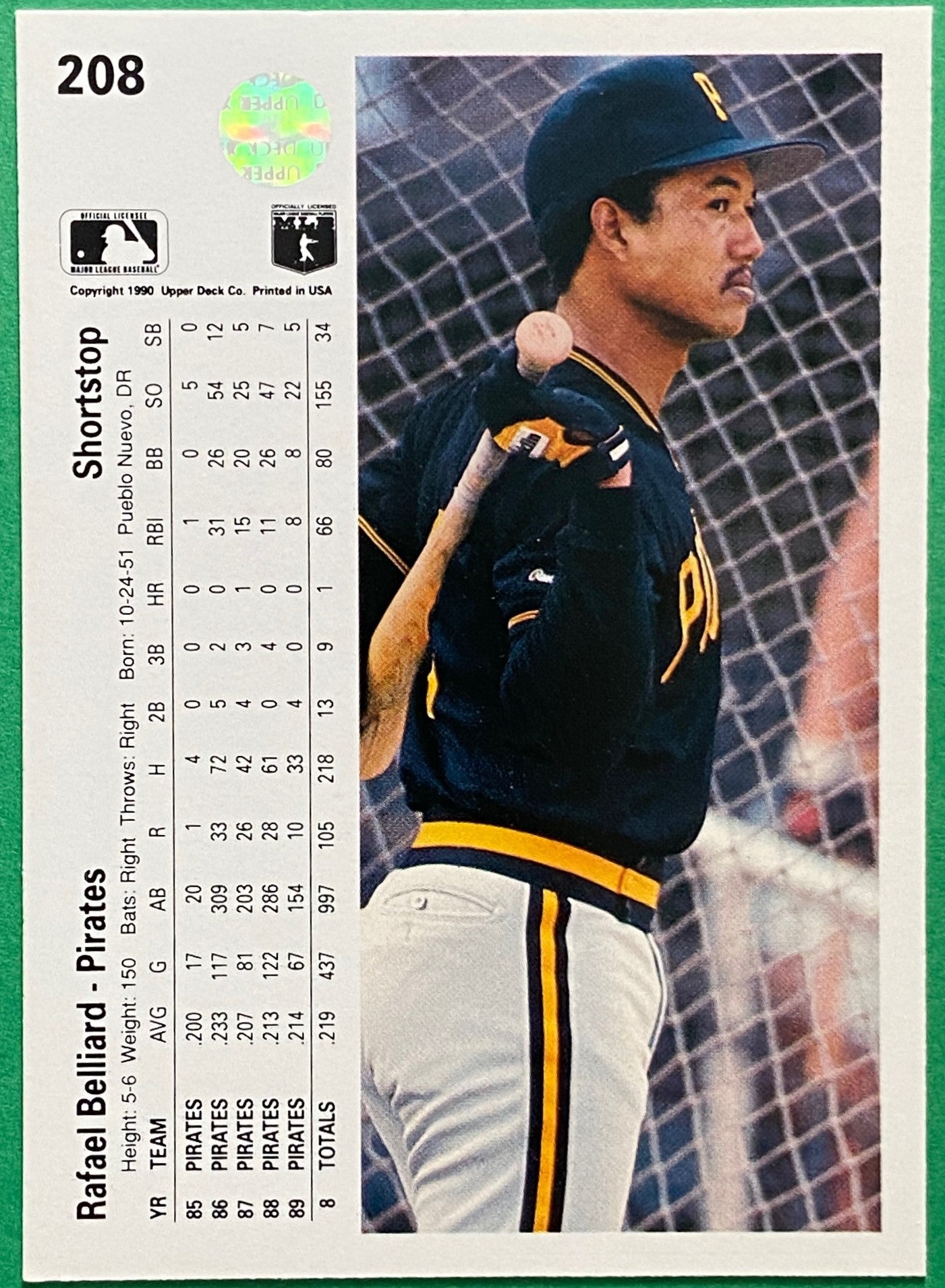 Rafael Belliard 1990 MLB #208 Pittsburgh Pirates by Upper Deck