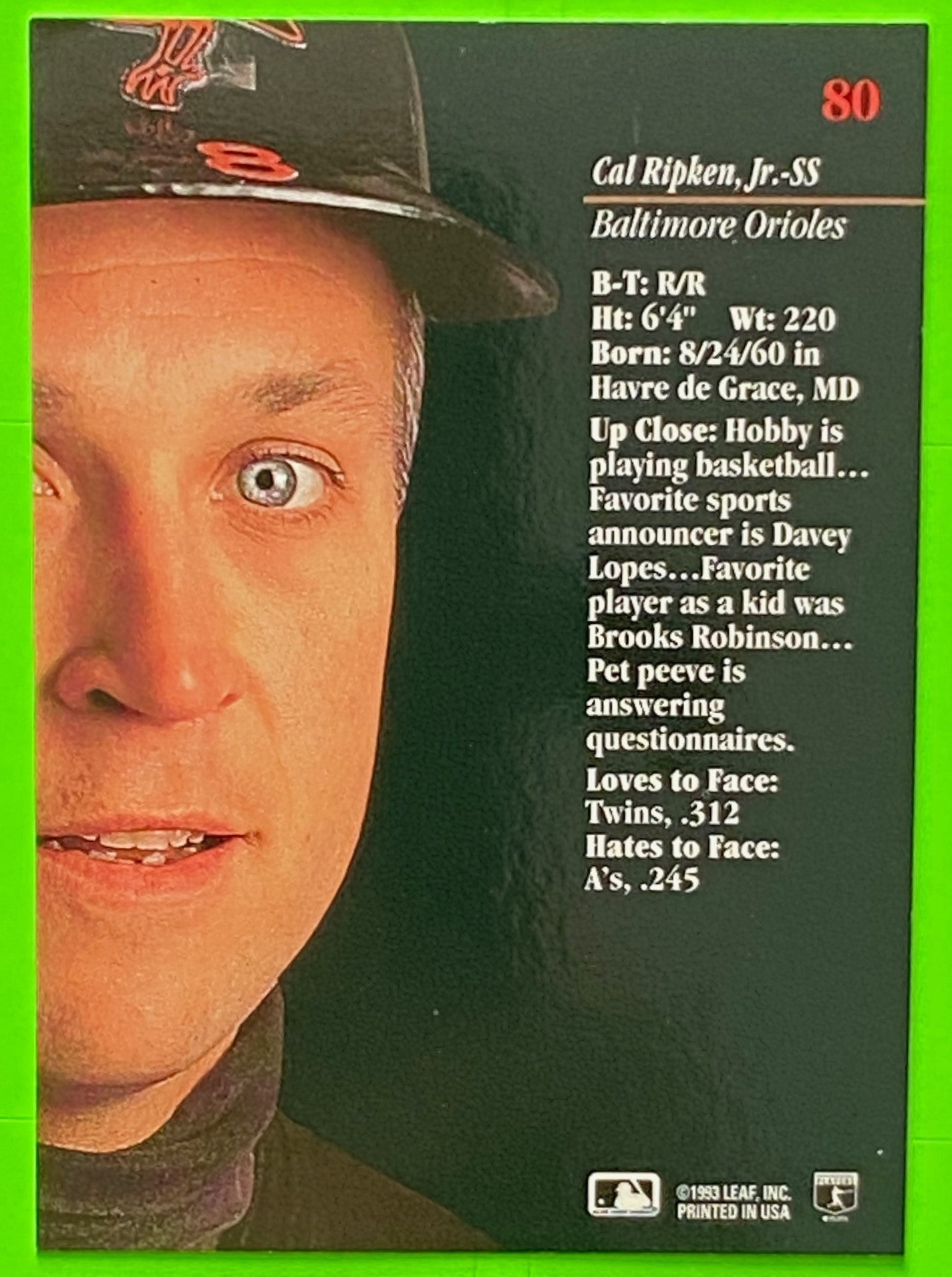 Cal Ripken Jr 1993 MLB Studio #80 Baltimore Orioles by Leaf, Inc.