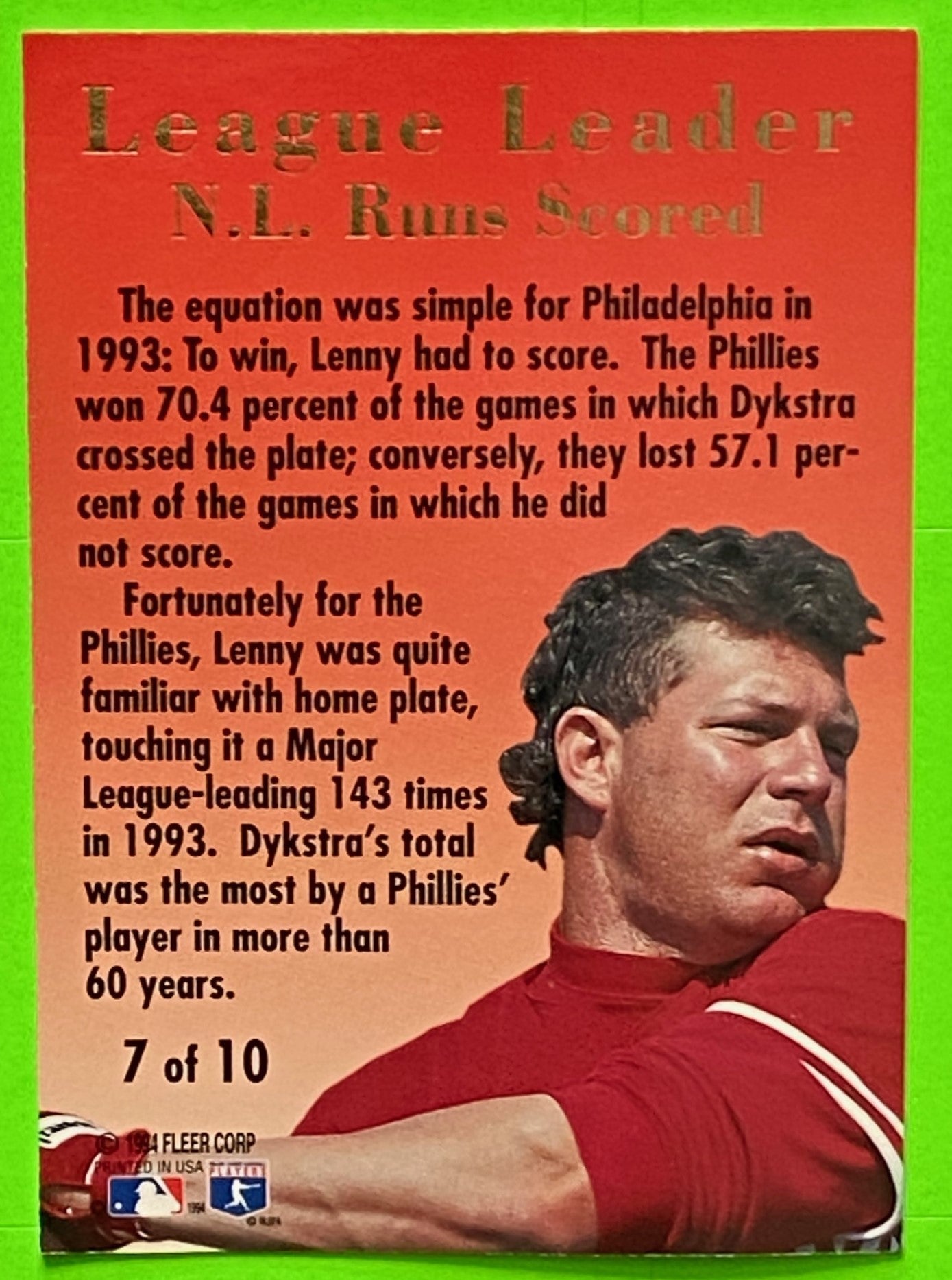 Lenny Dykstra 1994 Ultra League Leader MLB #7 of 10 Philadelphia Phillies by Fleer Corp.