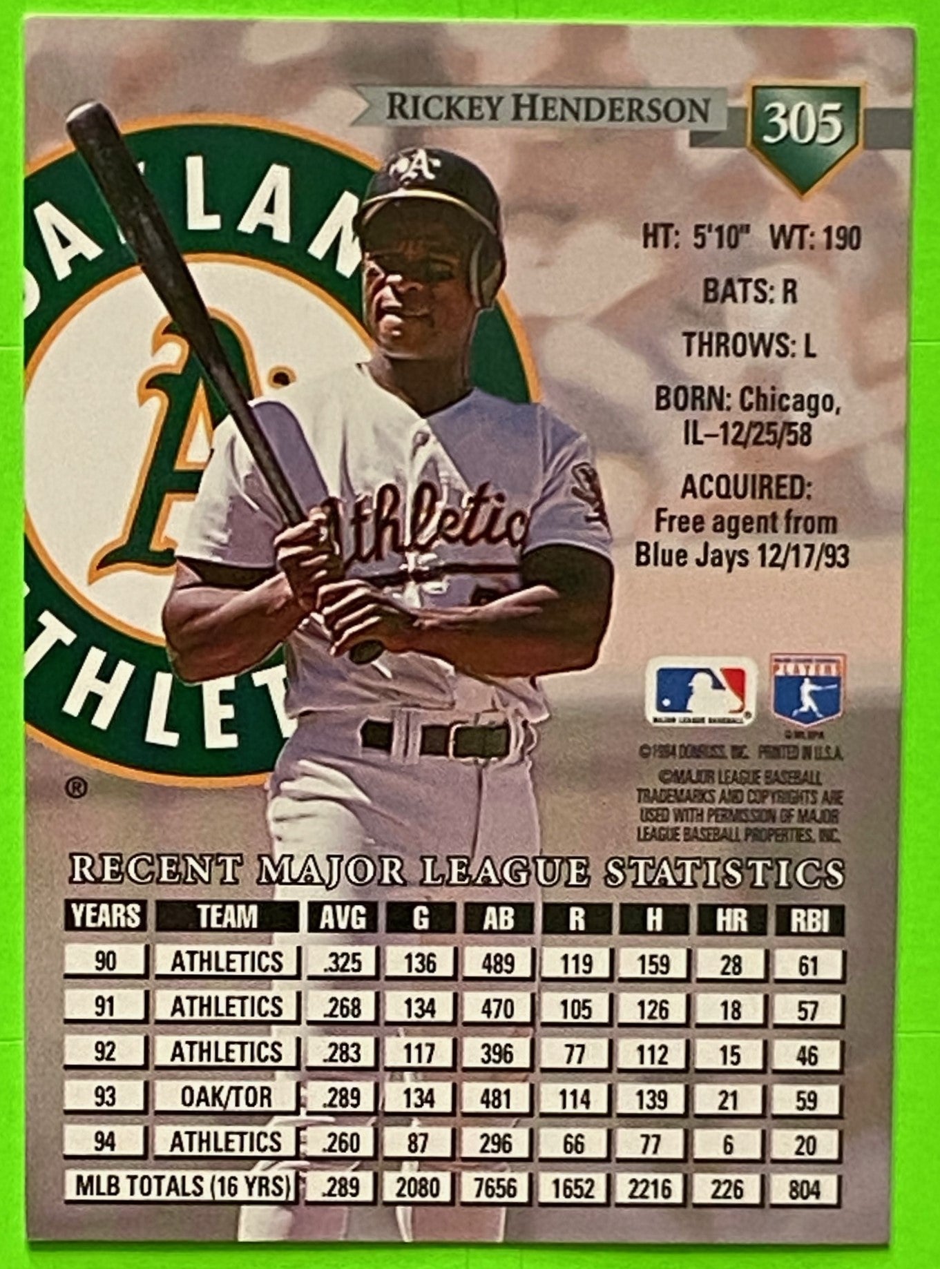 Rickey Henderson 1995 Base Set MLB #305 Oakland Athletics by Donruss, Inc.