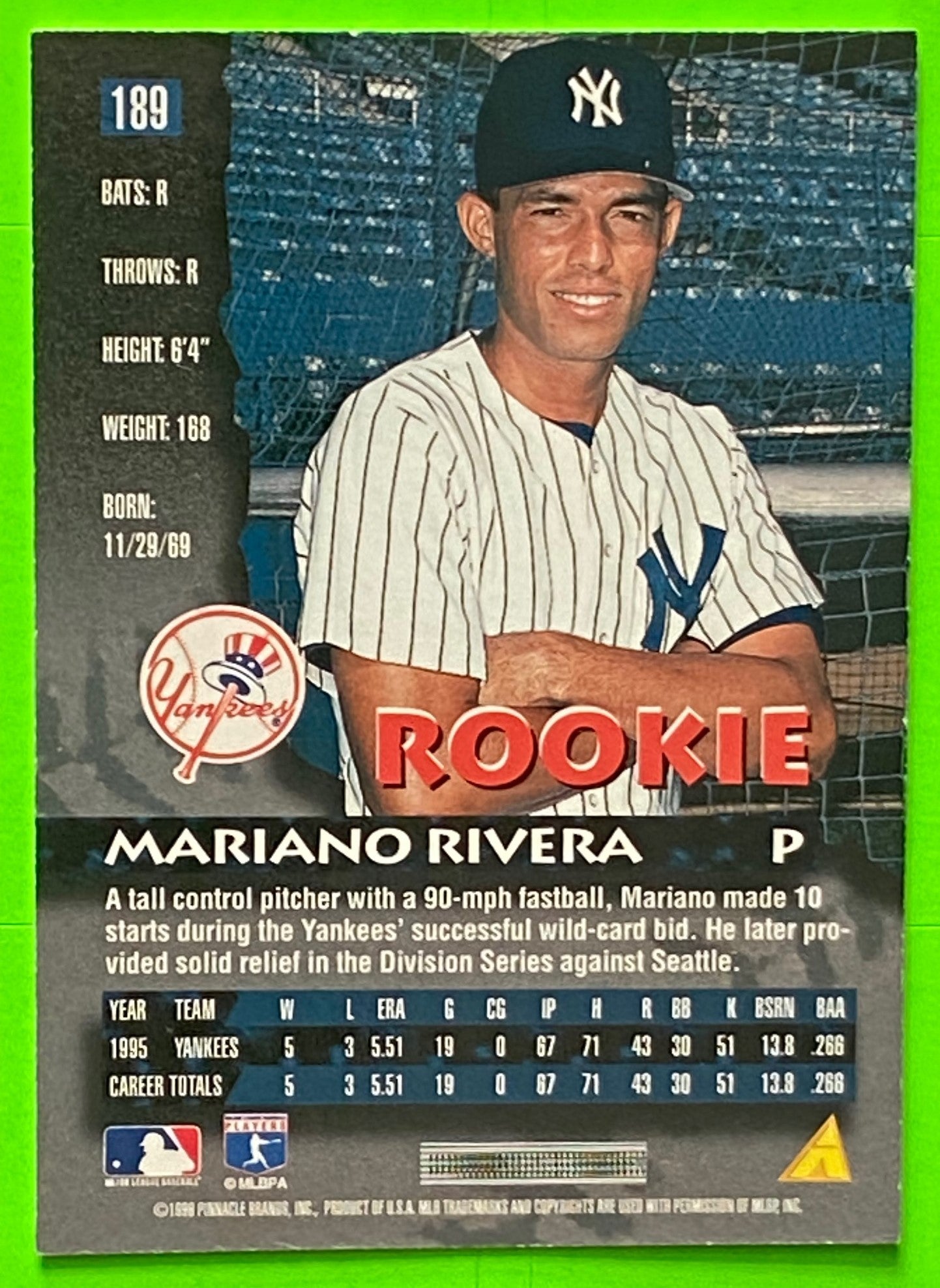 Mariano Rivera 1996 Base Set MLB #189 New York Yankees by Pinnacle Brands, Inc.