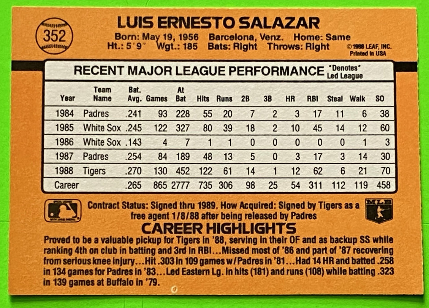 Luis Salazar 1989 Base Set MLB #352 Detroit Tigers by Leaf, Inc.