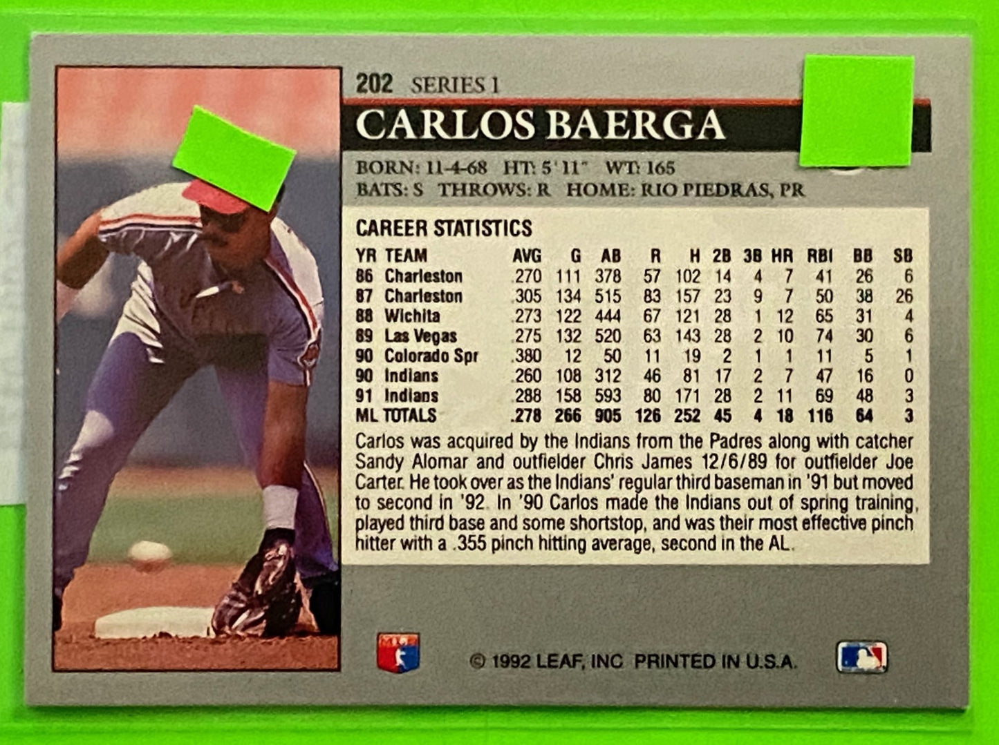 Carlos Baerga 1992 MLB Leaf #202 Cleveland Indians by Leaf, Inc.