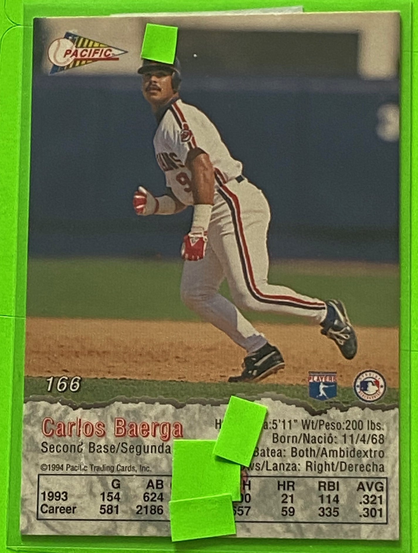 Carlos Baerga 1994 MLB Base Set #166 Cleveland Indians by Pacific Trading Cards, Inc.