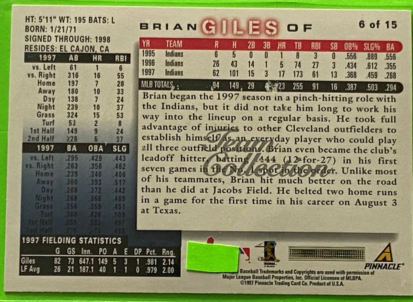 Brian Giles 1998 MLB Score Team Set #6 of 15 Cleveland Indians by Pinnacle Trading Card Co.